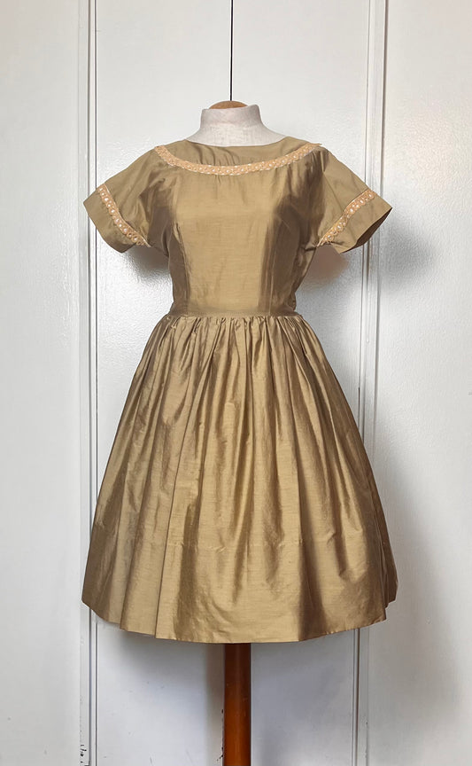 Vintage 1950's "Carole King" Brown Satin and Embellished Fit N Flare Dress