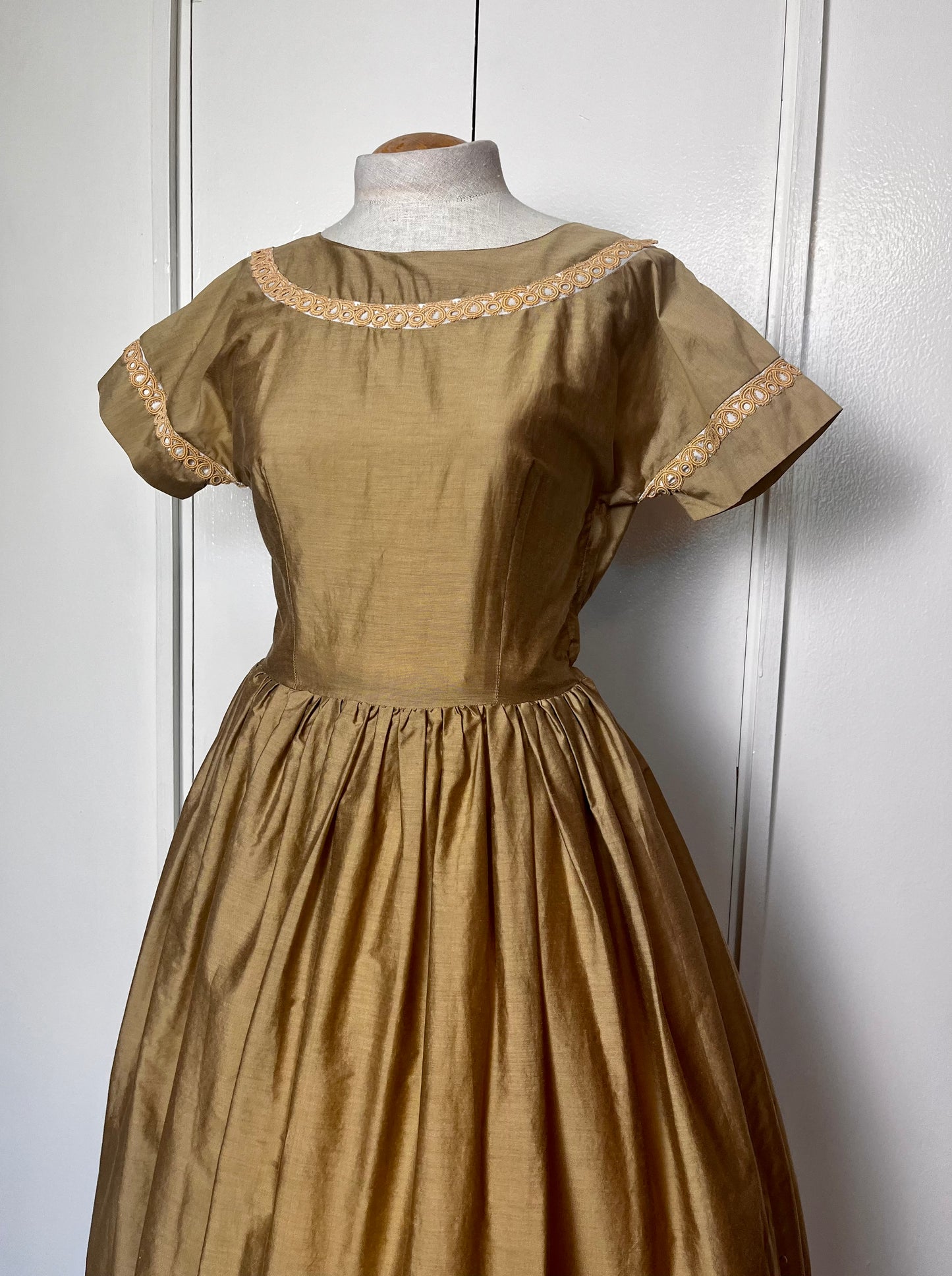 Vintage 1950's "Carole King" Brown Satin and Embellished Fit N Flare Dress