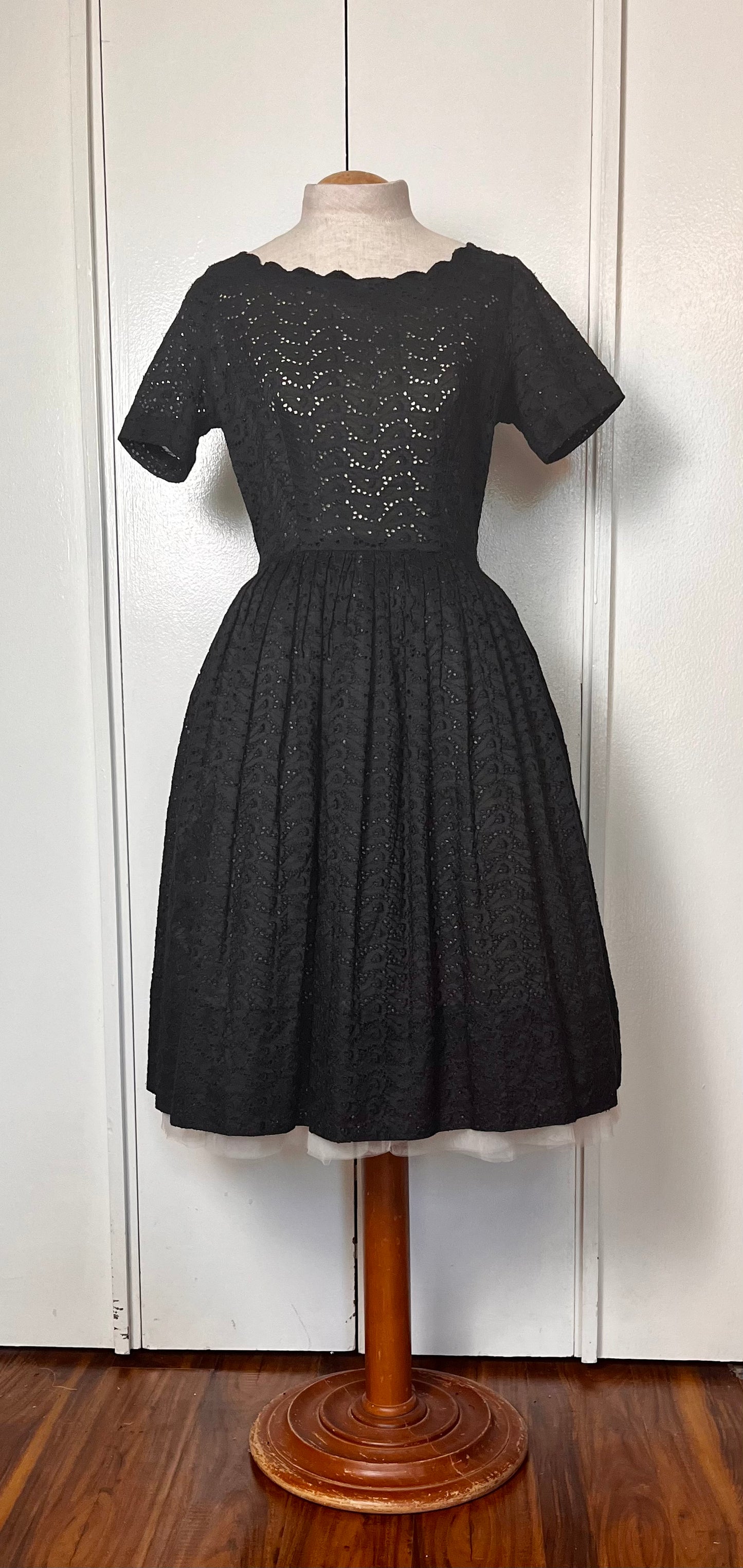 Vintage 1950's Black Cotton Eyelet Scalloped Fit n Flare Dress