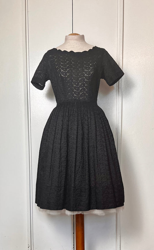 Vintage 1950's Black Cotton Eyelet Scalloped Fit n Flare Dress