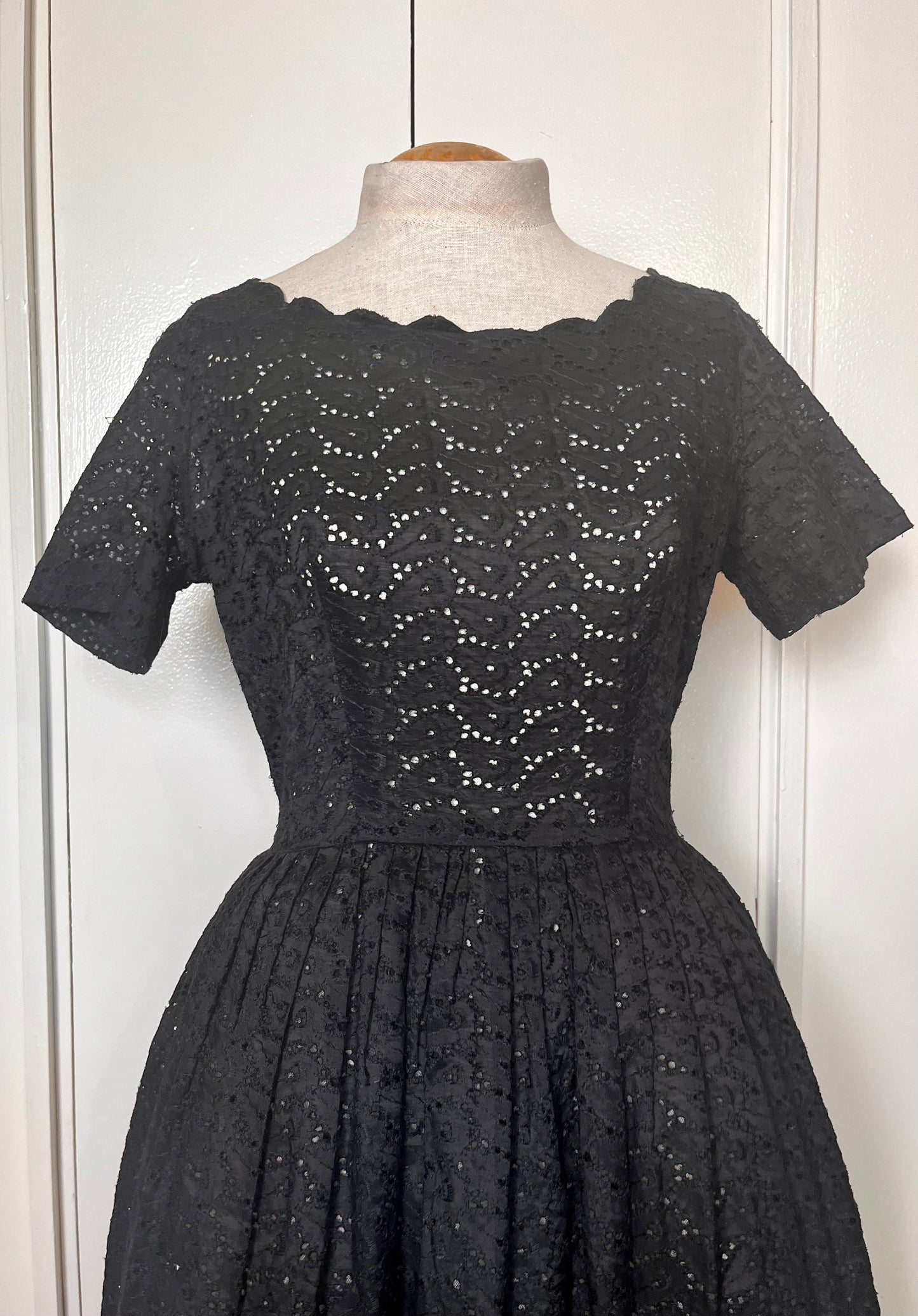 Vintage 1950's Black Cotton Eyelet Scalloped Fit n Flare Dress