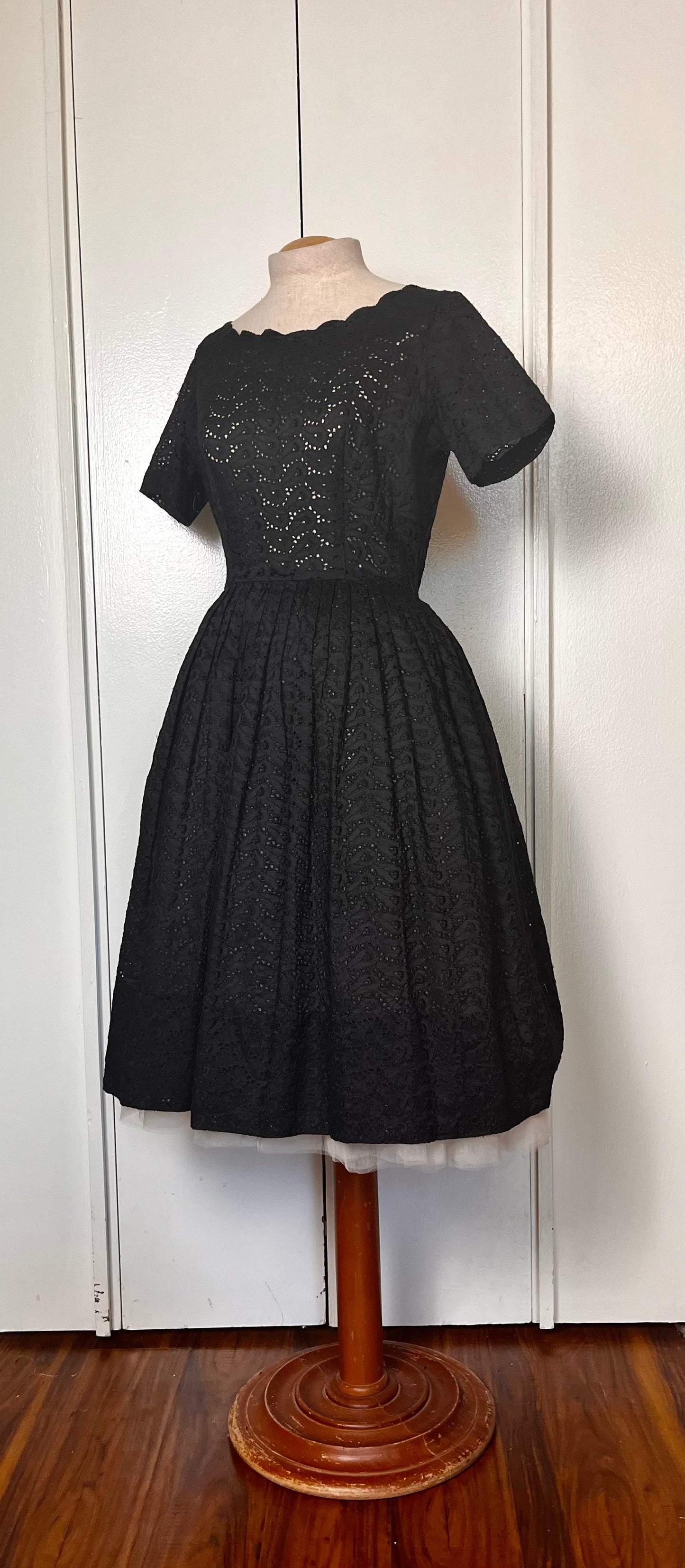 Vintage 1950's Black Cotton Eyelet Scalloped Fit n Flare Dress