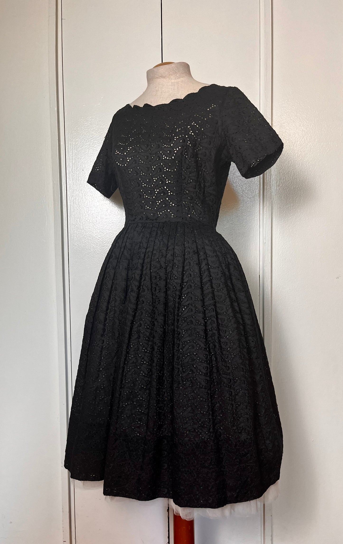 Vintage 1950's Black Cotton Eyelet Scalloped Fit n Flare Dress