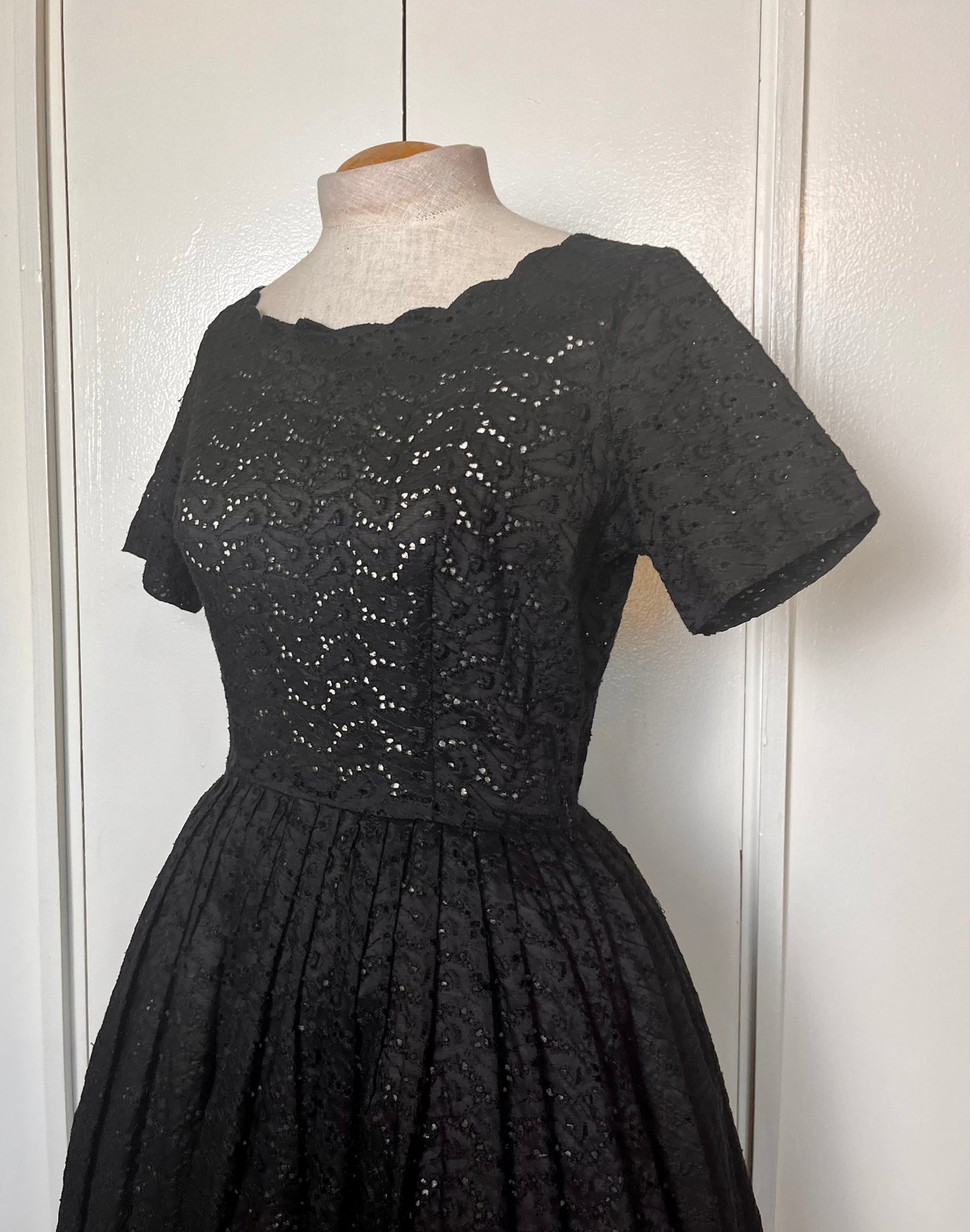Vintage 1950's Black Cotton Eyelet Scalloped Fit n Flare Dress