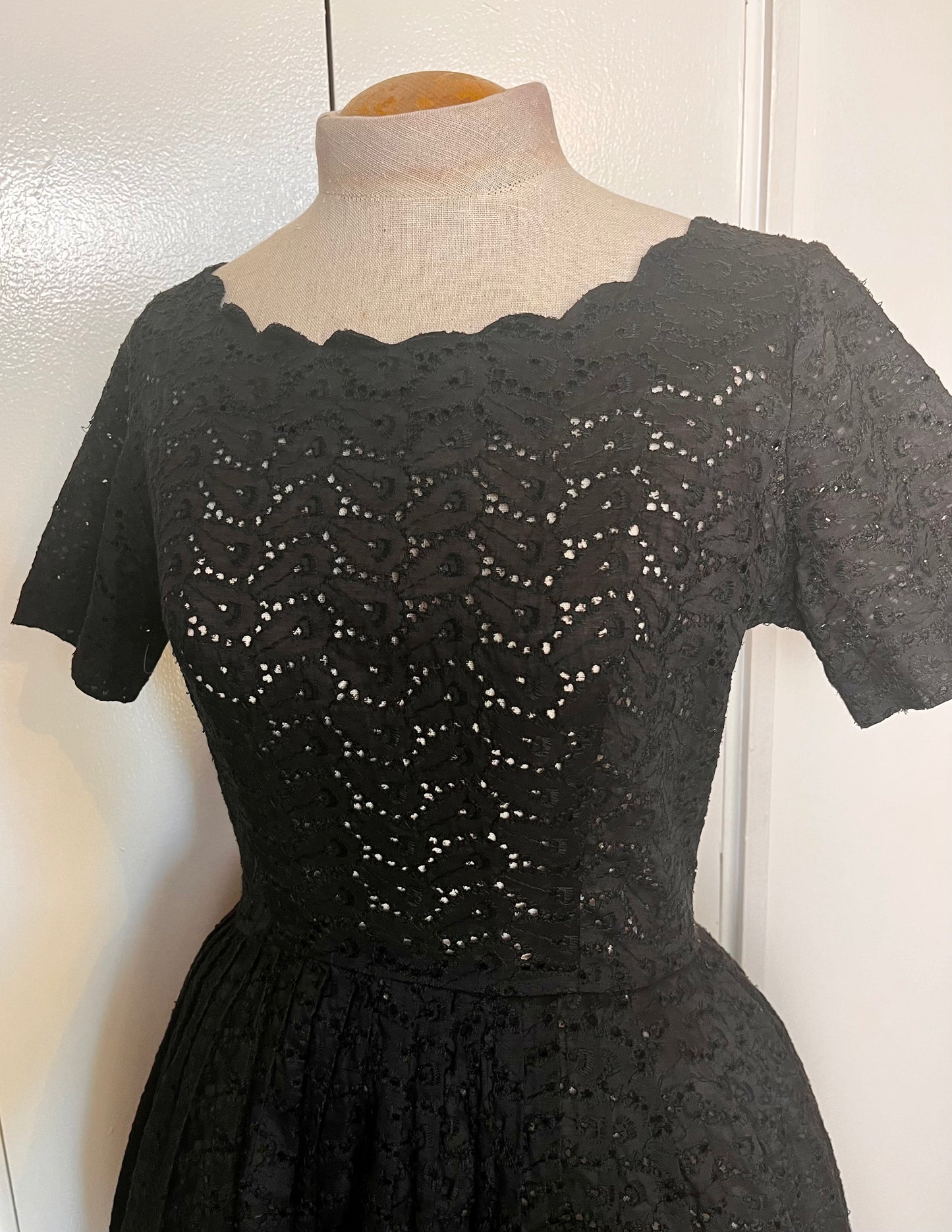 Vintage 1950's Black Cotton Eyelet Scalloped Fit n Flare Dress