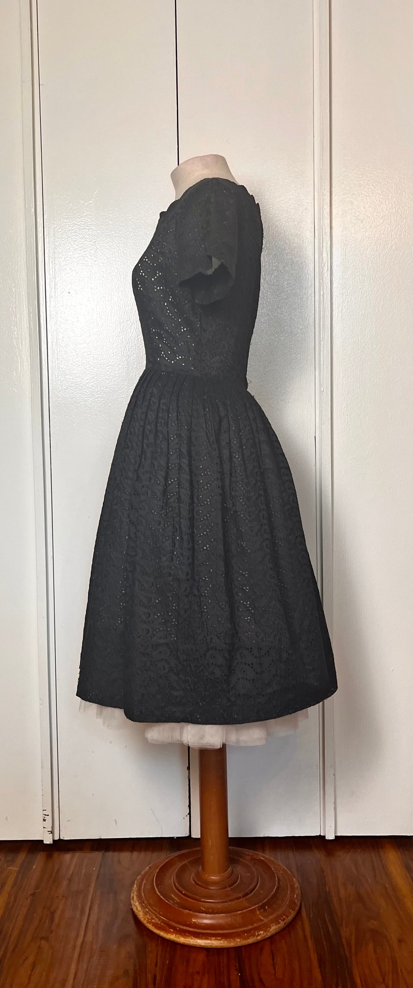 Vintage 1950's Black Cotton Eyelet Scalloped Fit n Flare Dress