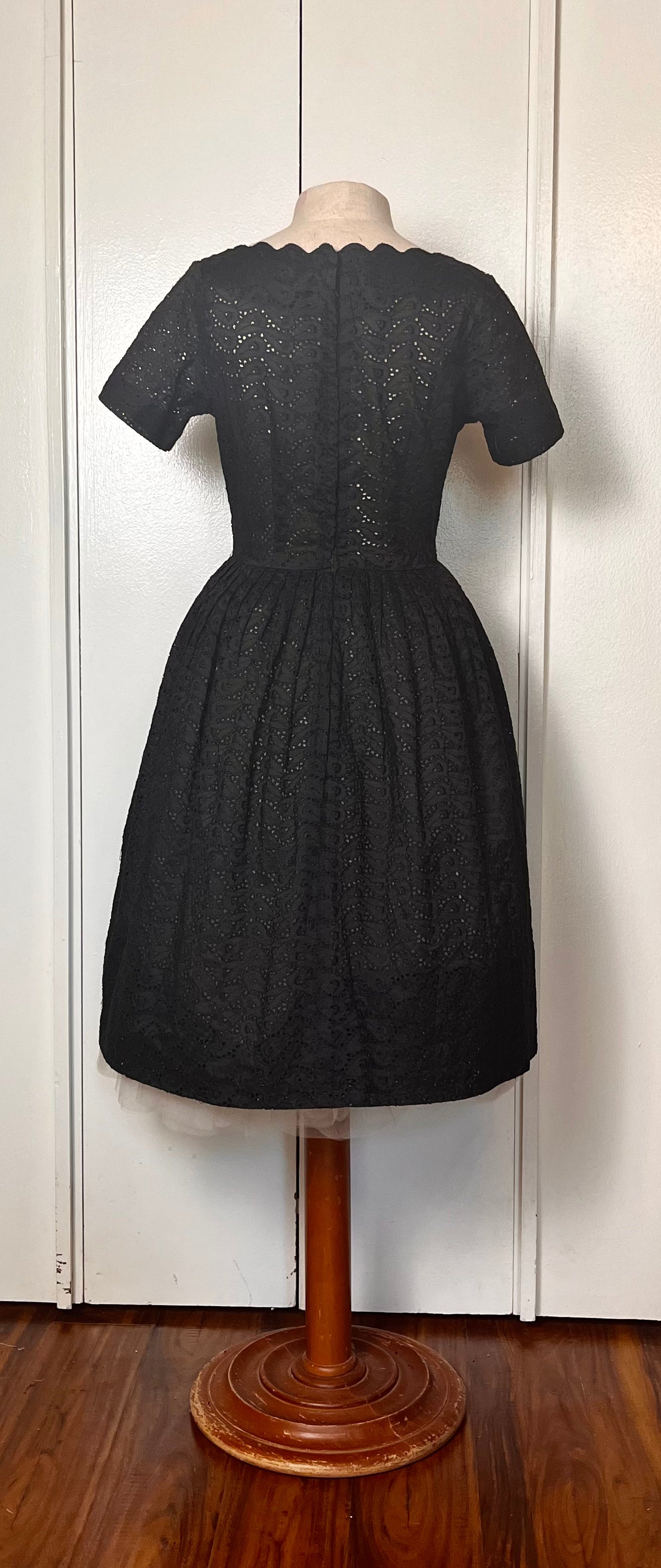Vintage 1950's Black Cotton Eyelet Scalloped Fit n Flare Dress