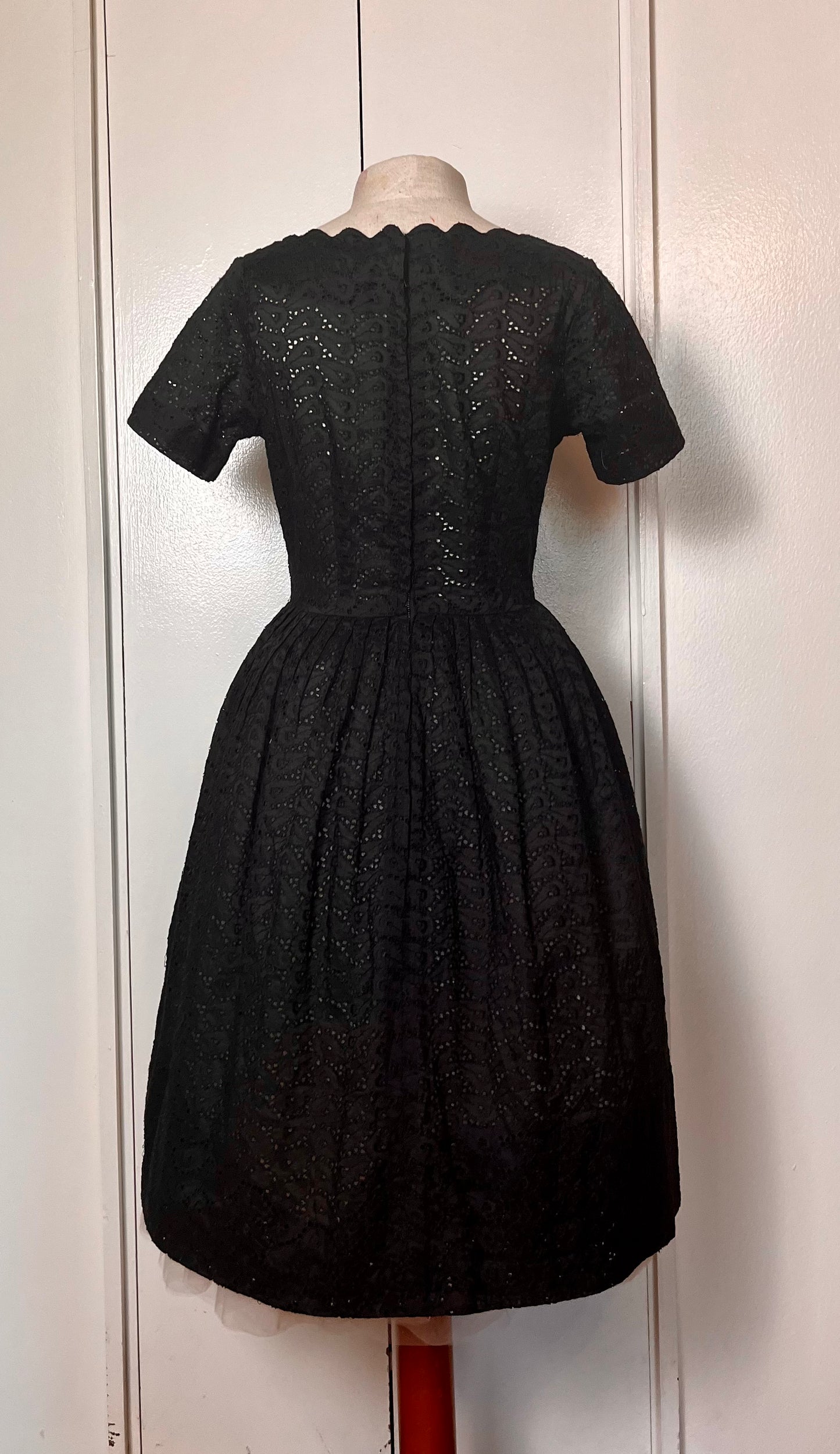 Vintage 1950's Black Cotton Eyelet Scalloped Fit n Flare Dress