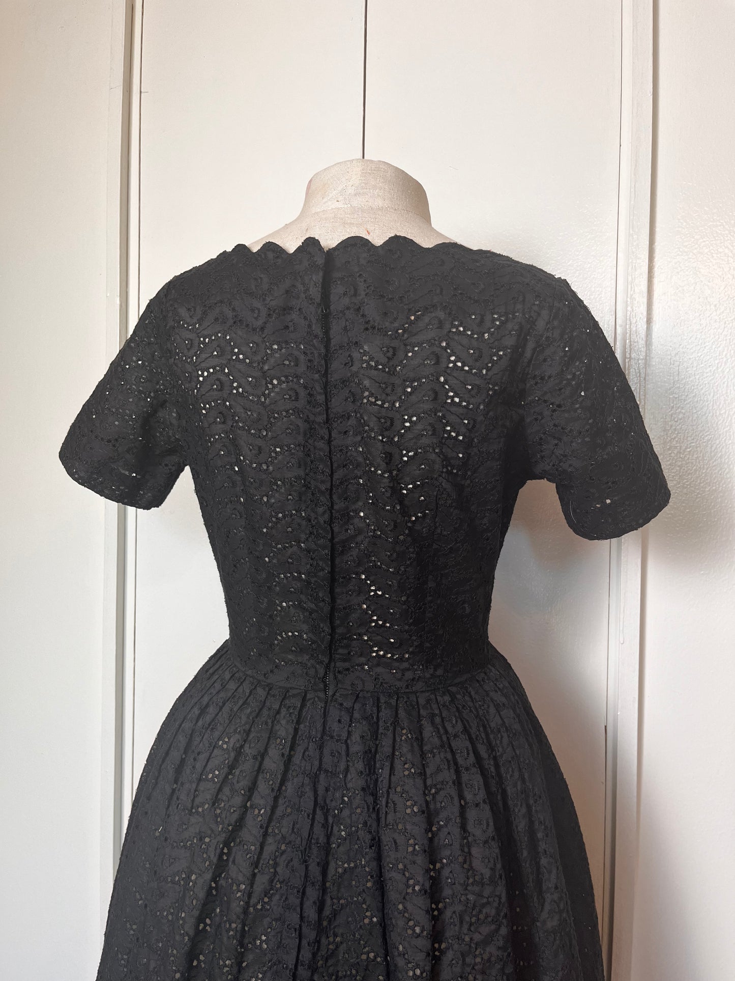 Vintage 1950's Black Cotton Eyelet Scalloped Fit n Flare Dress