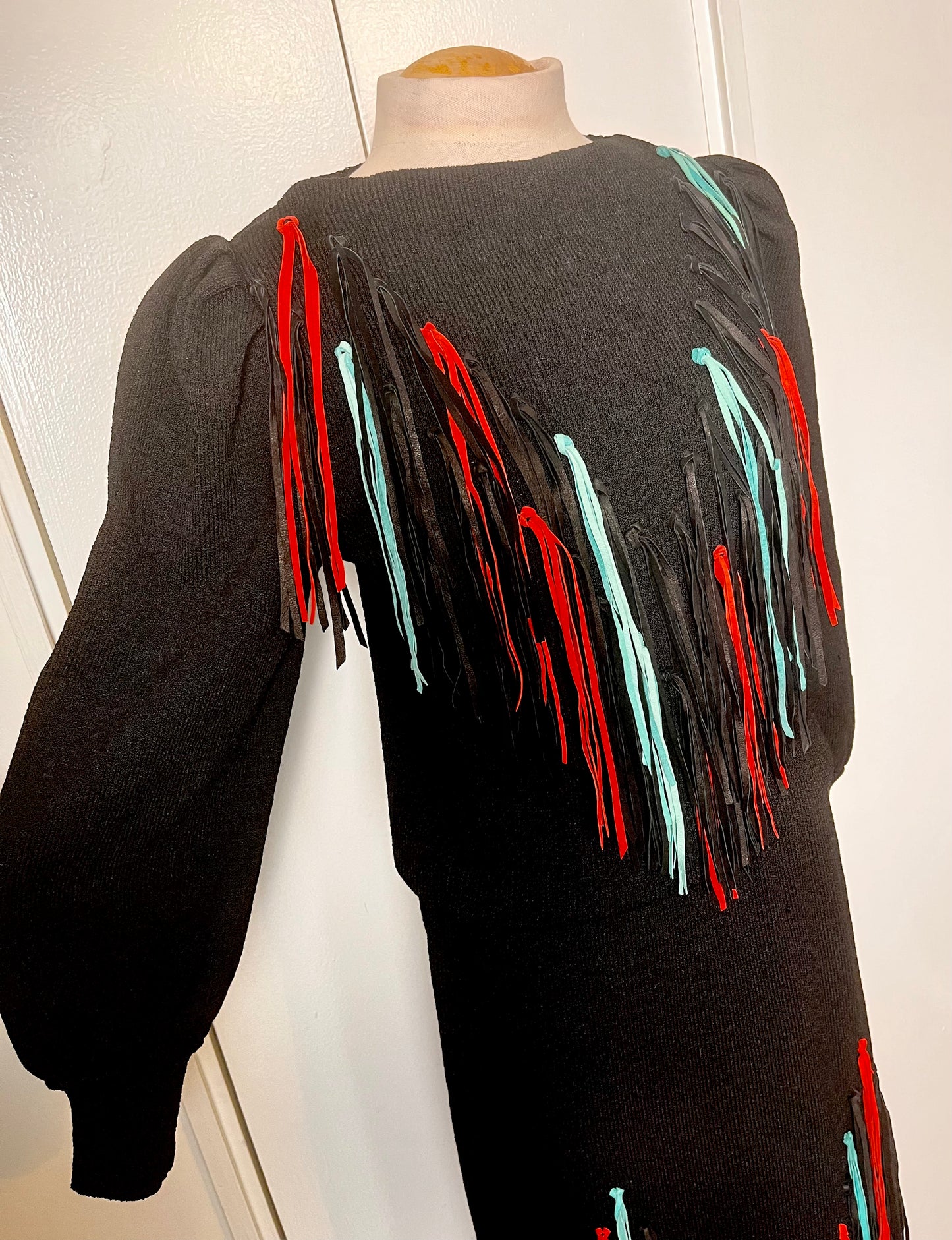 Vintage 1980s "Lillie Rubin" Leather-Fringe Sweater Dress