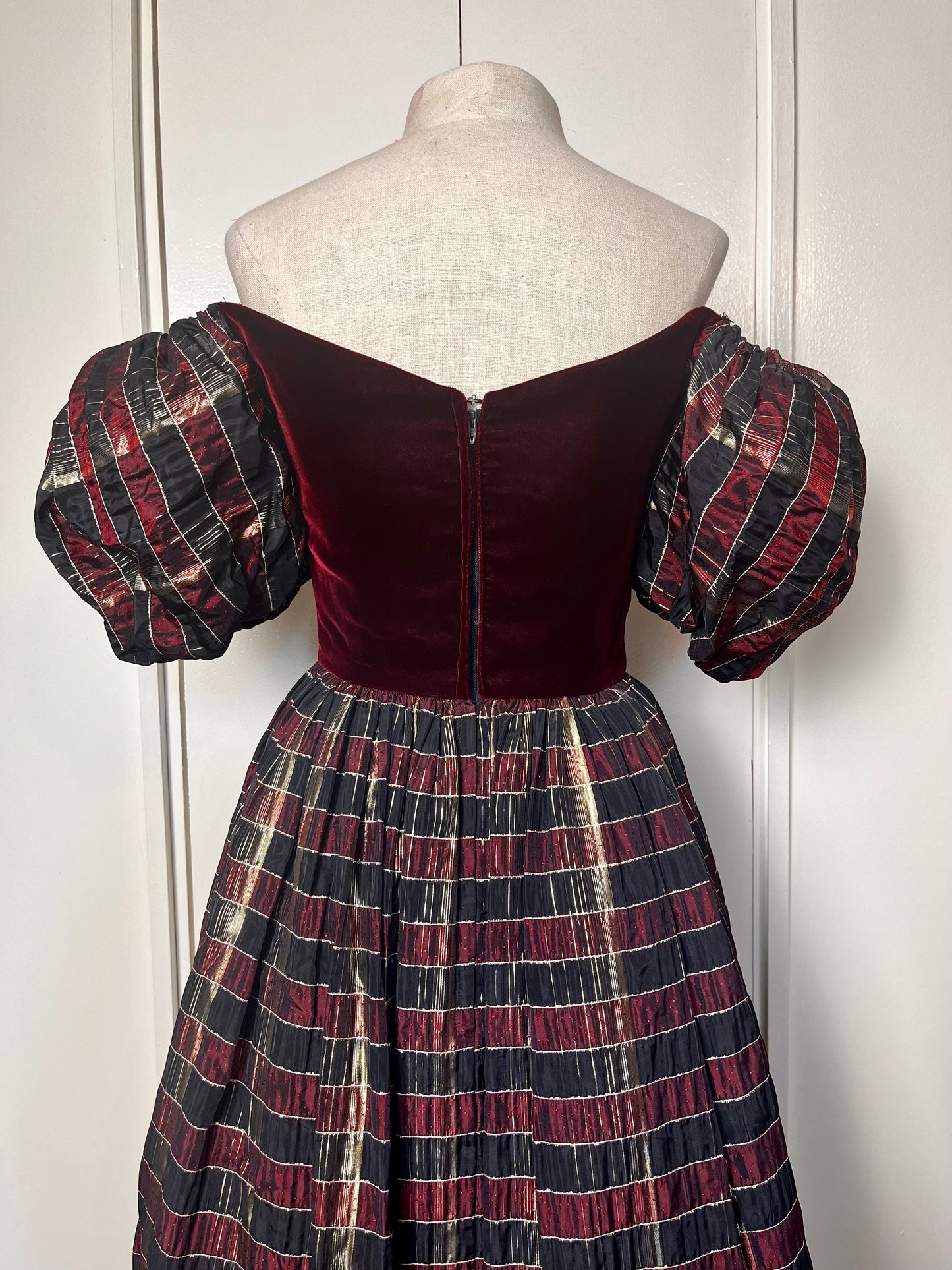 Vintage 1980's "Mike Benet" Red Velvet Puff Sleeve Plaid Gold Shimmer Taffeta Party Dress