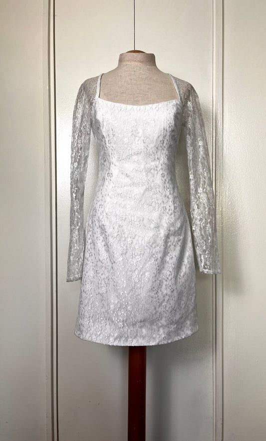 Vintage 1990's White Lace Long Sleeve Fitted Mini Dress