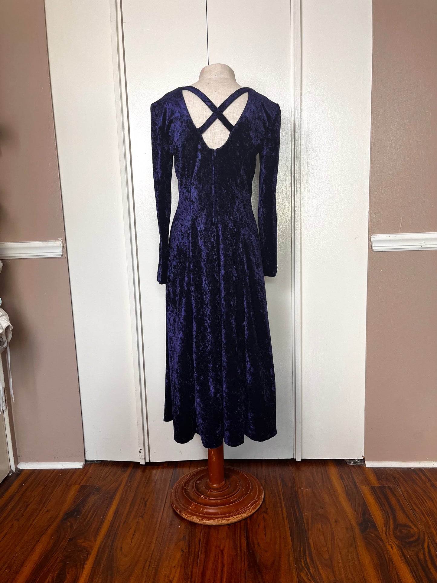 Vintage 1990's "Molly Malloy" Blue Crushed Velvet Long Sleeve Dress