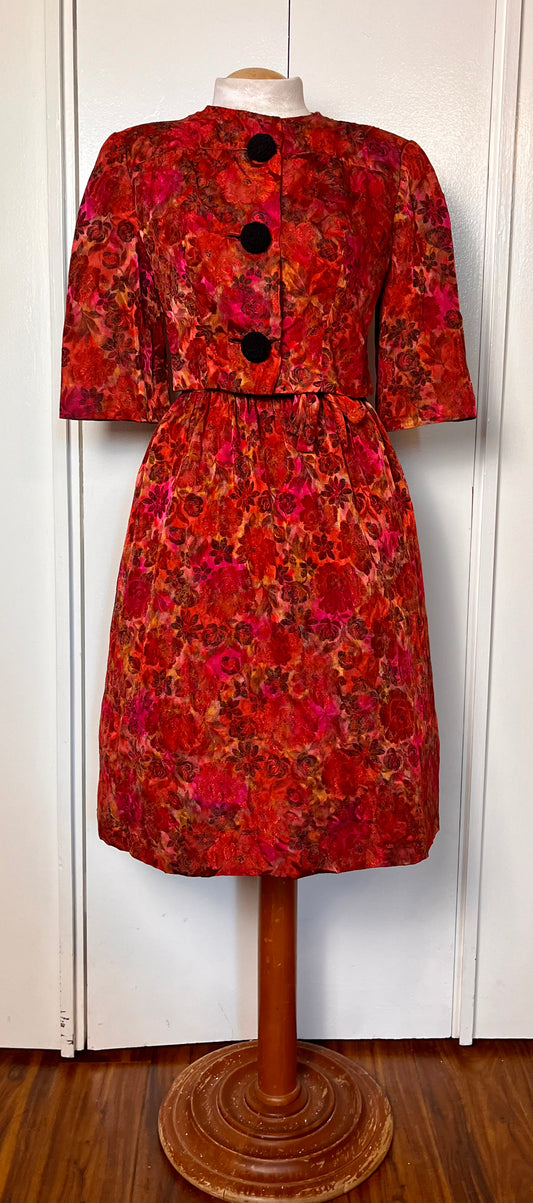 Vintage 1950's Rare Designer "Gustave Tassell" Two-Piece Set: Matching Dress and Jacket made of Silk-Brocade Floral