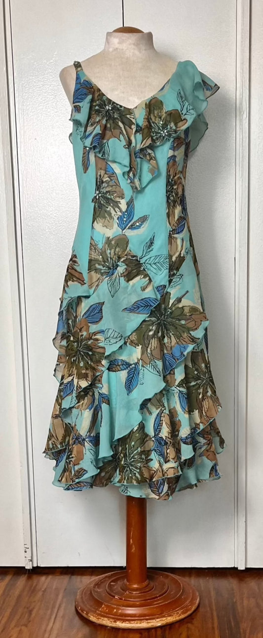 Vintage Y2K "Robbie Bee" Blue & Brown Waterfall Dress