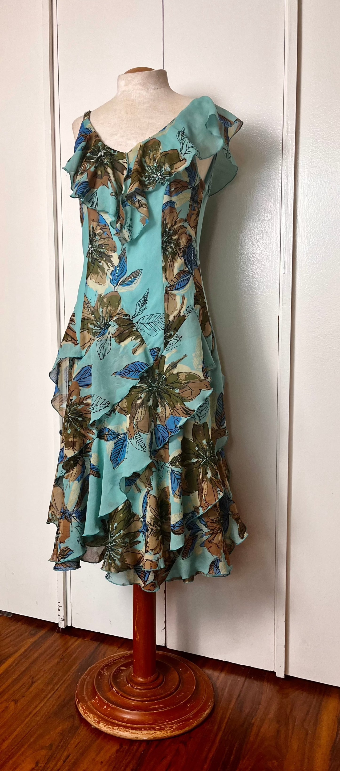 Vintage Y2K "Robbie Bee" Blue & Brown Waterfall Dress