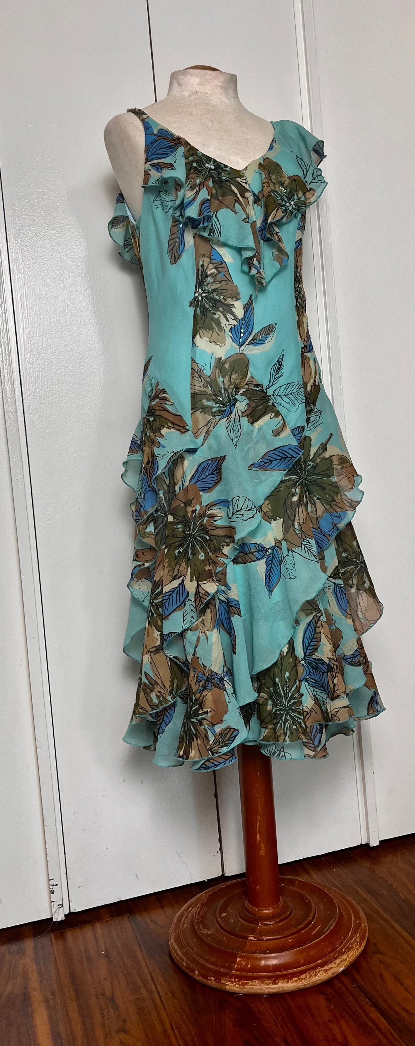 Vintage Y2K "Robbie Bee" Blue & Brown Waterfall Dress
