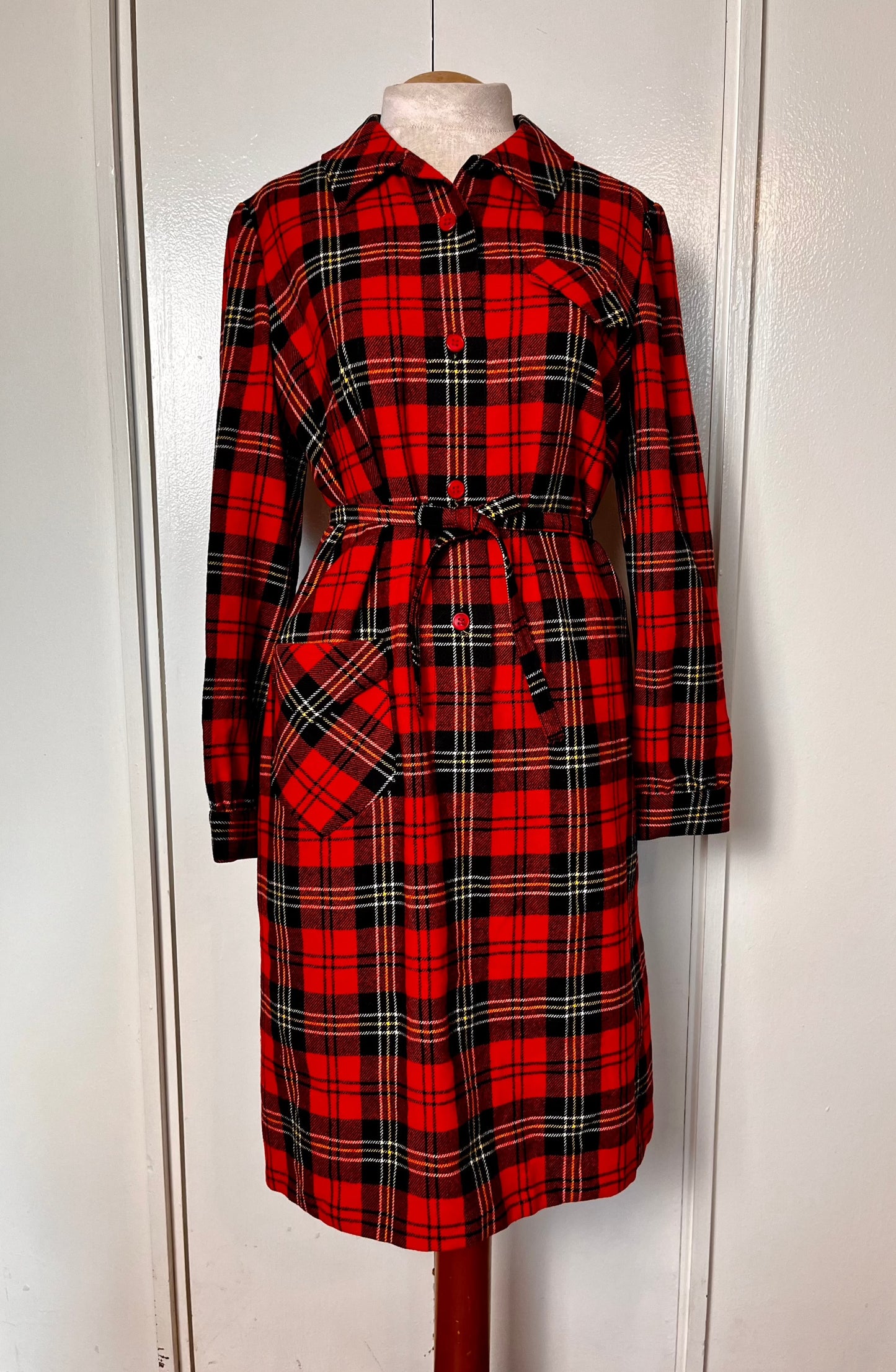 Vintage 1970's "Pendleton" Red Plaid Wool Coat Dress with Belt