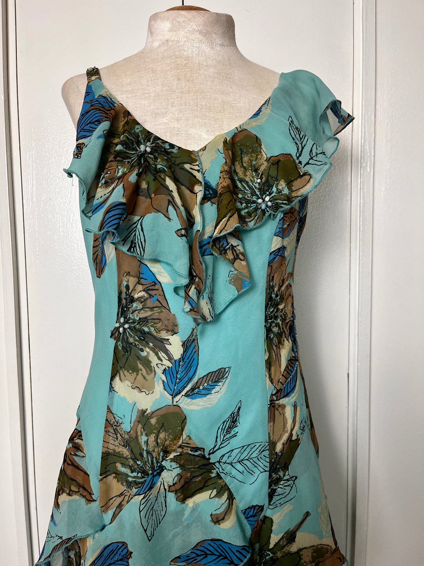 Vintage Y2K "Robbie Bee" Blue & Brown Waterfall Dress