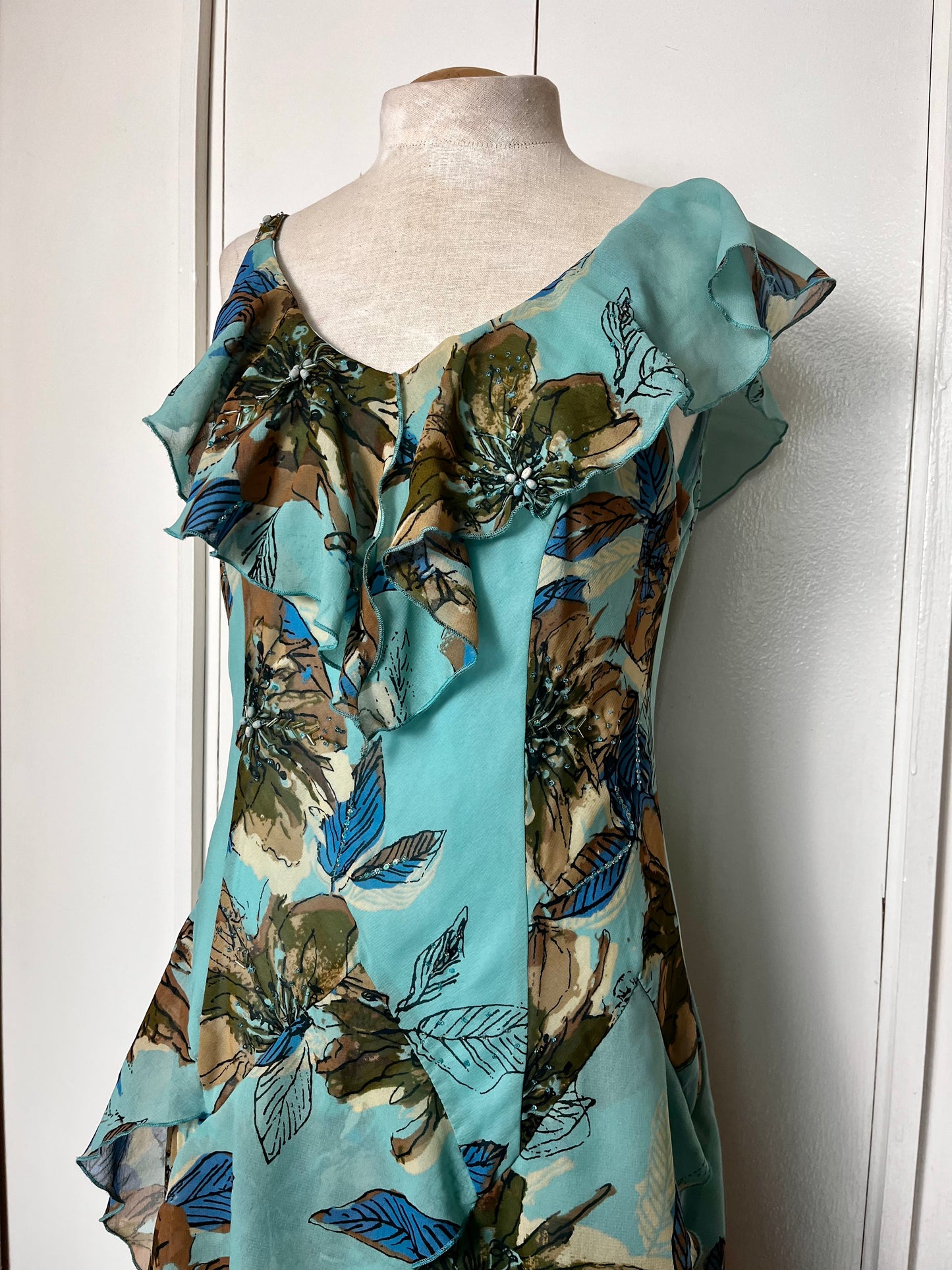 Vintage Y2K "Robbie Bee" Blue & Brown Waterfall Dress