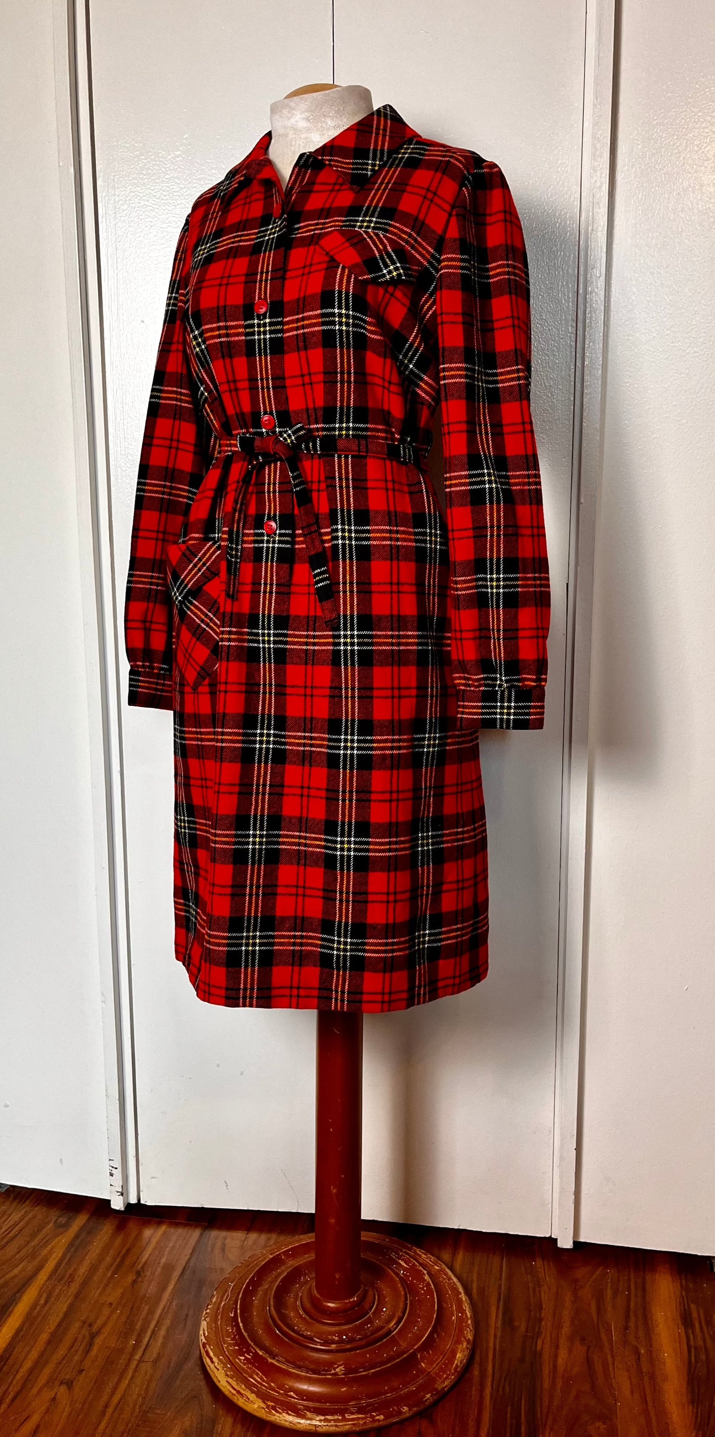 Vintage 1970's "Pendleton" Red Plaid Wool Coat Dress with Belt