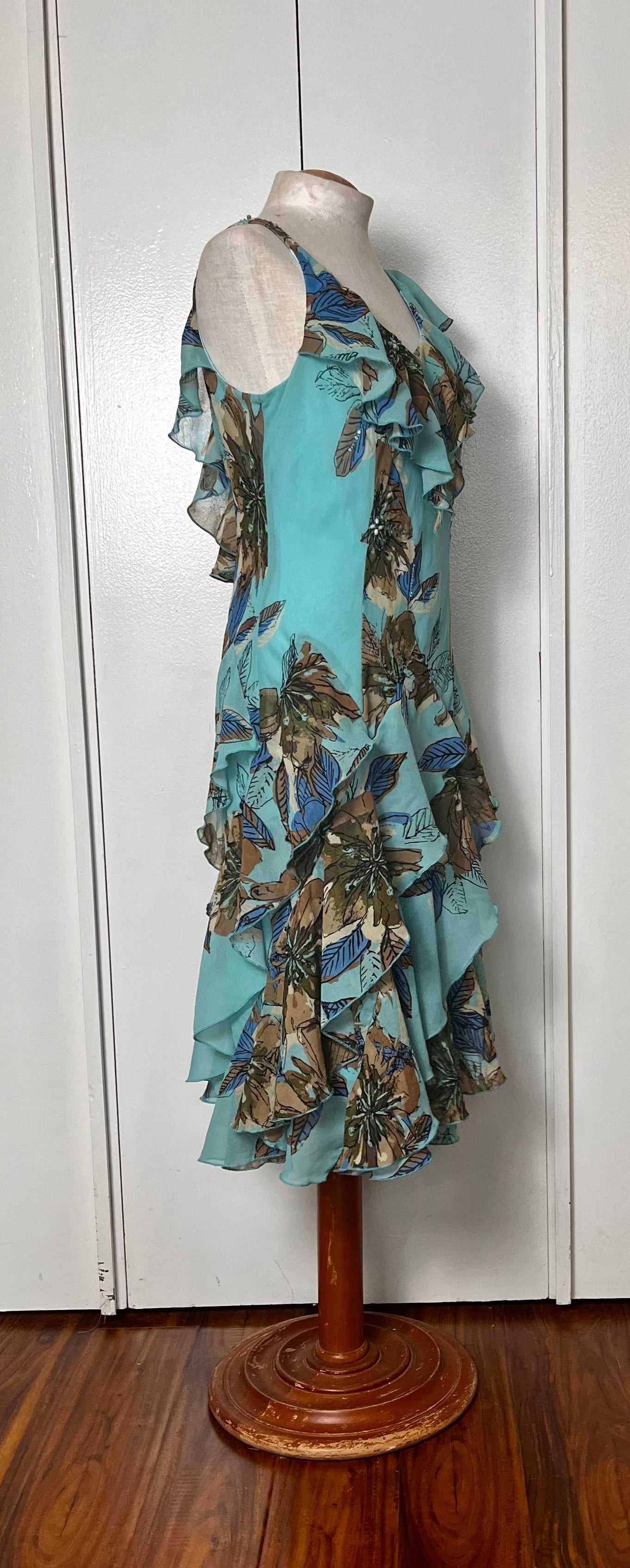 Vintage Y2K "Robbie Bee" Blue & Brown Waterfall Dress