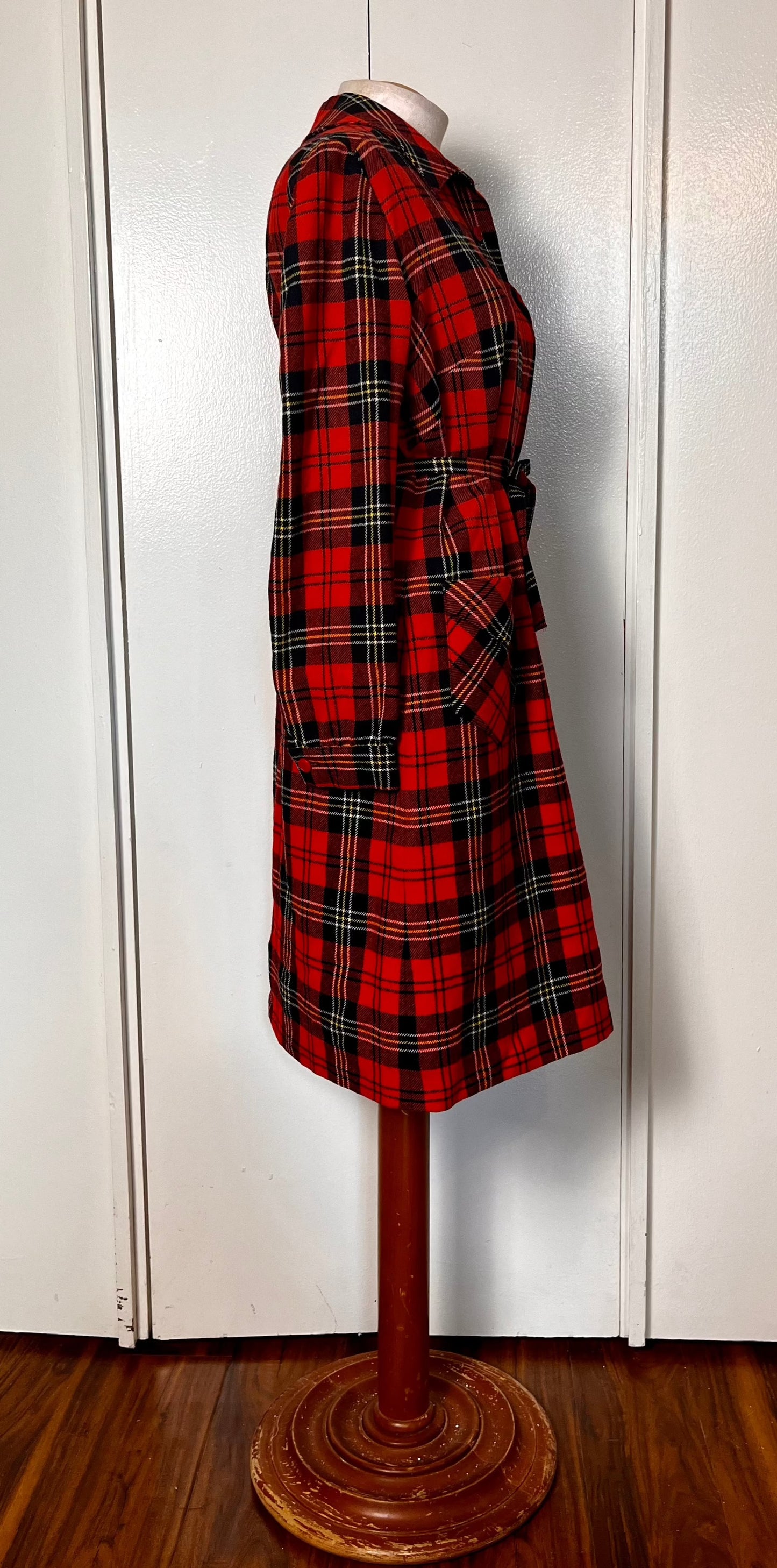 Vintage 1970's "Pendleton" Red Plaid Wool Coat Dress with Belt