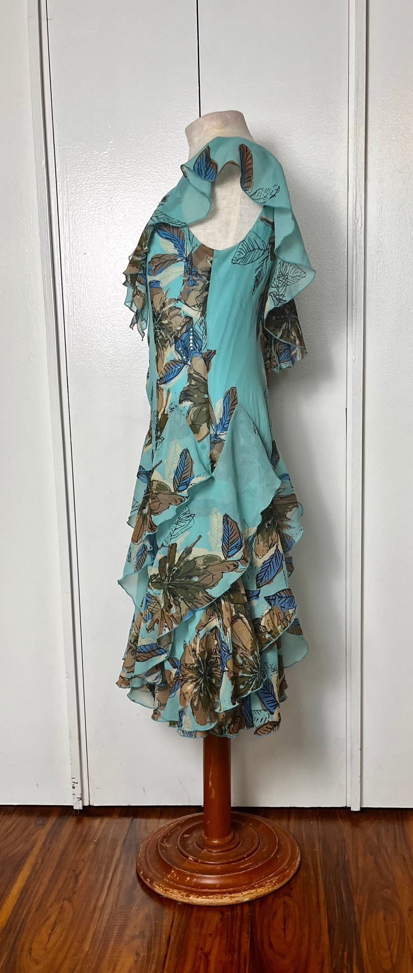 Vintage Y2K "Robbie Bee" Blue & Brown Waterfall Dress