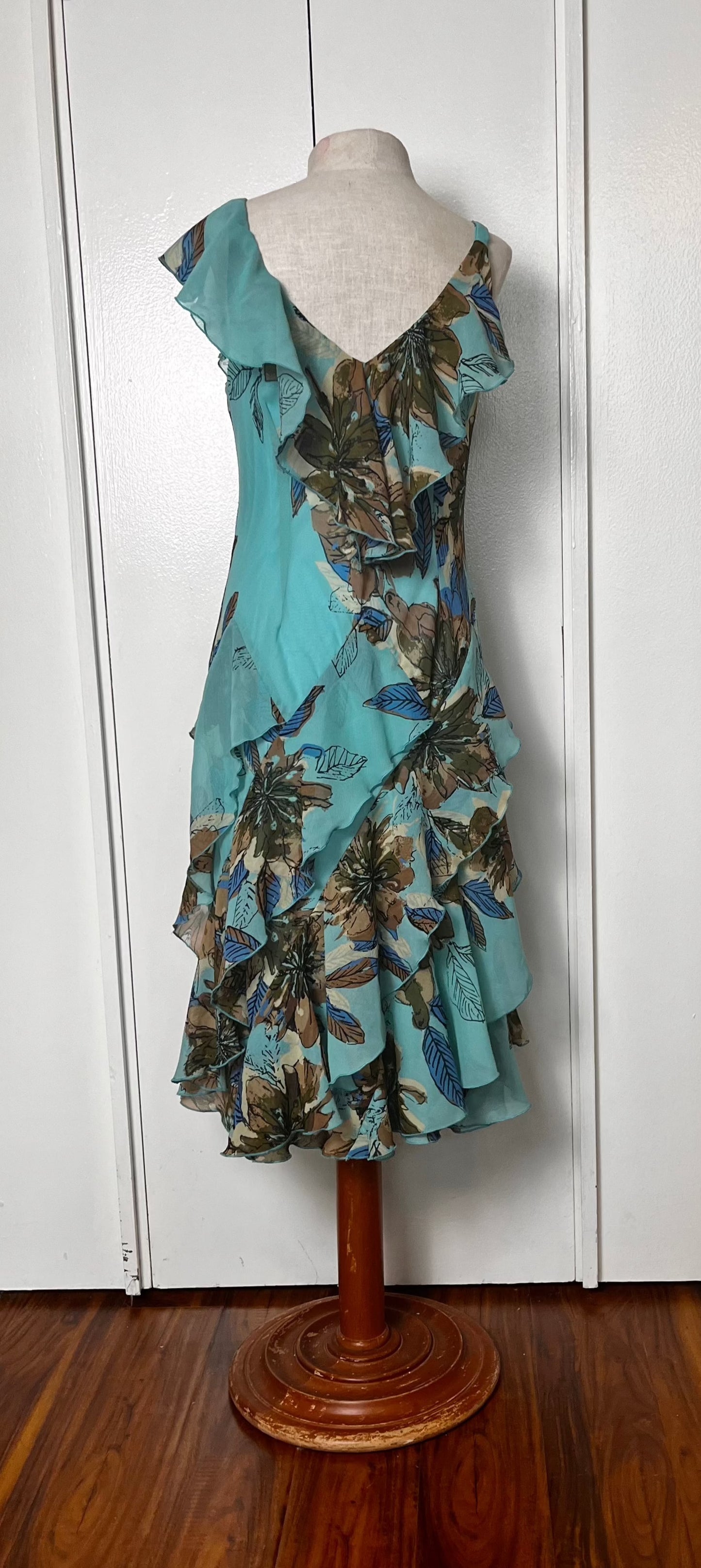 Vintage Y2K "Robbie Bee" Blue & Brown Waterfall Dress