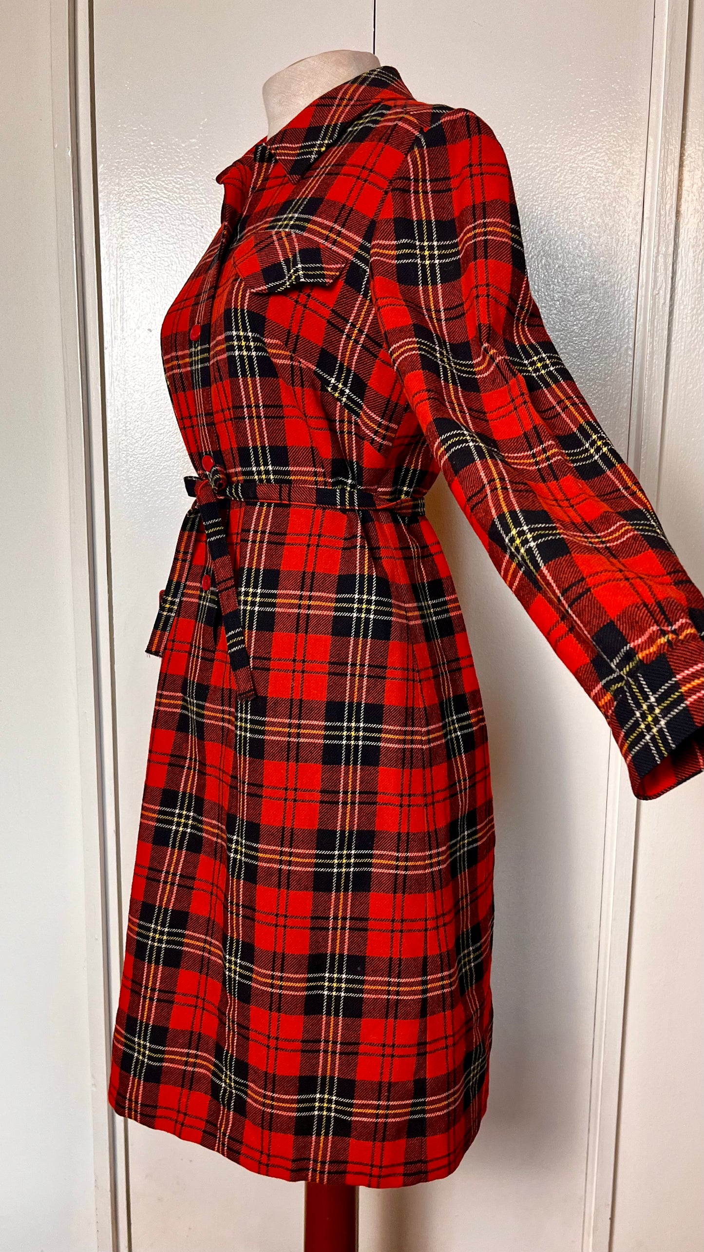 Vintage 1970's "Pendleton" Red Plaid Wool Coat Dress with Belt