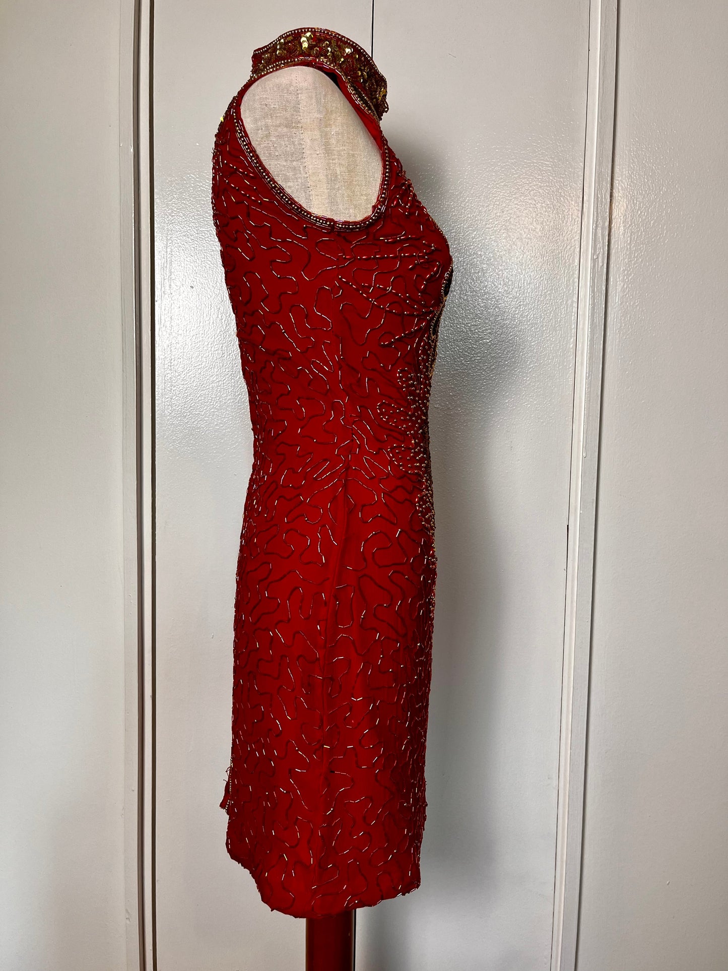 Vintage 1990's Red & Gold Sequin High Neck Mini Dress