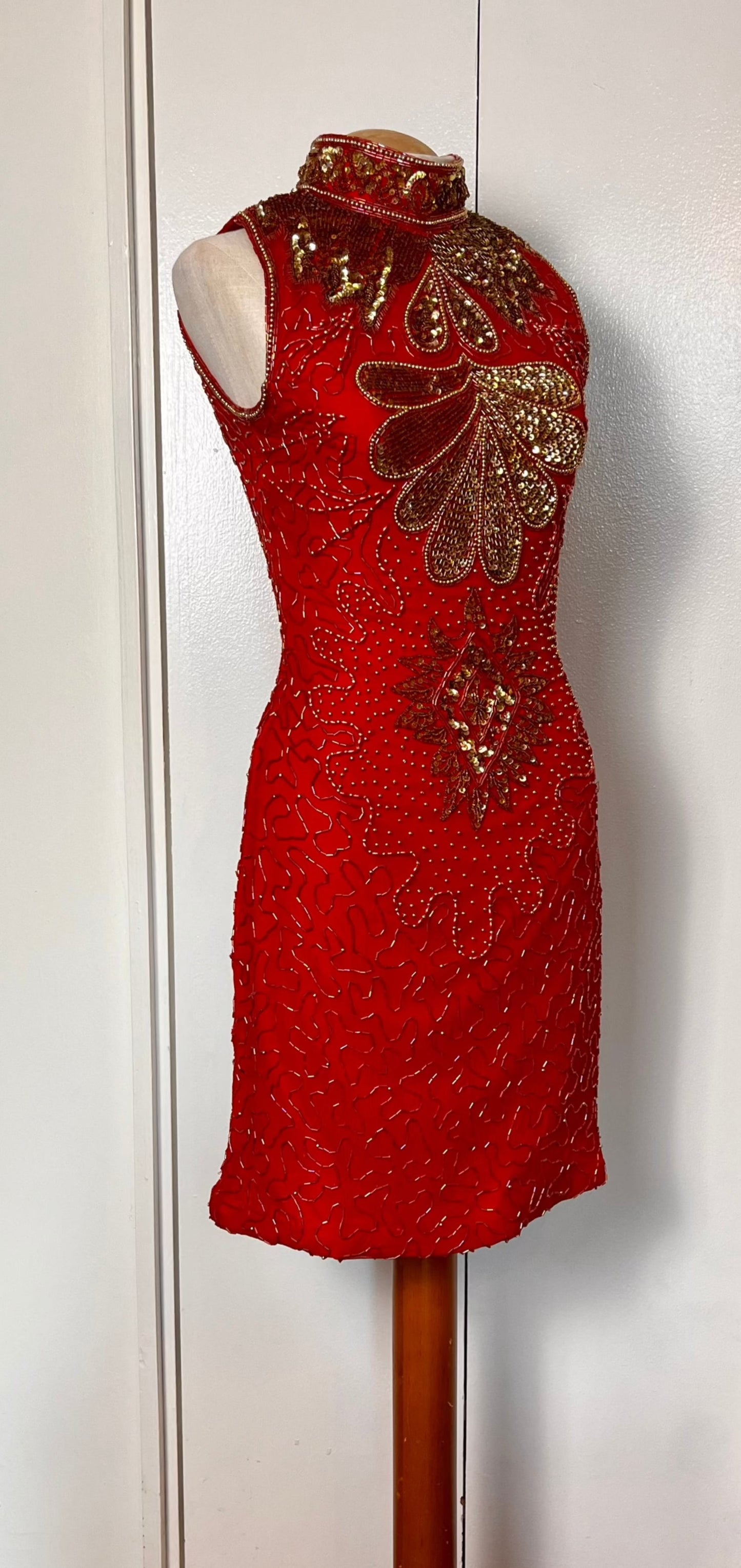 Vintage 1990's Red & Gold Sequin High Neck Mini Dress