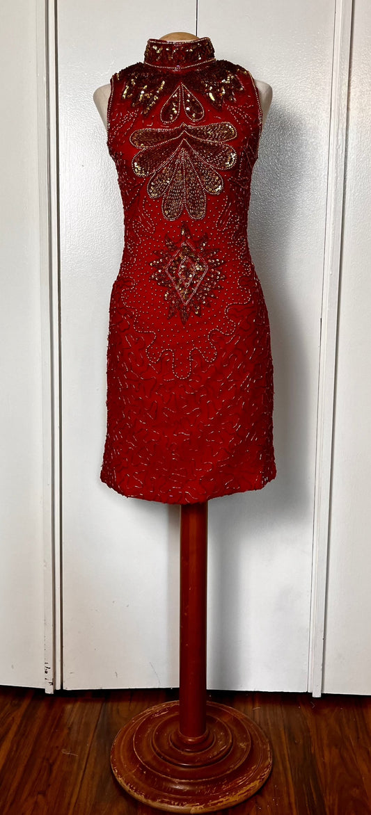Vintage 1990's Red & Gold Sequin High Neck Mini Dress