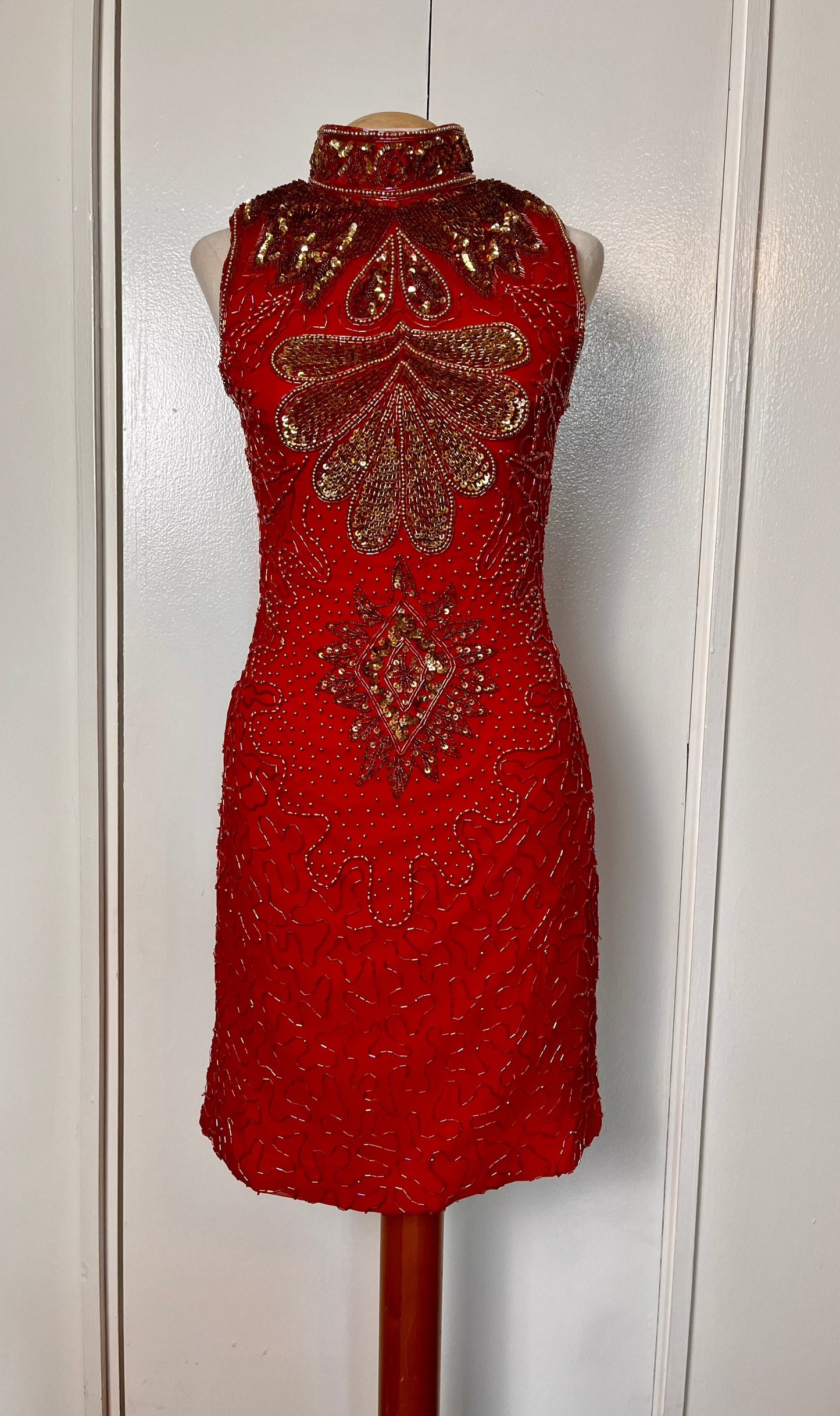 Vintage 1990's Red & Gold Sequin High Neck Mini Dress
