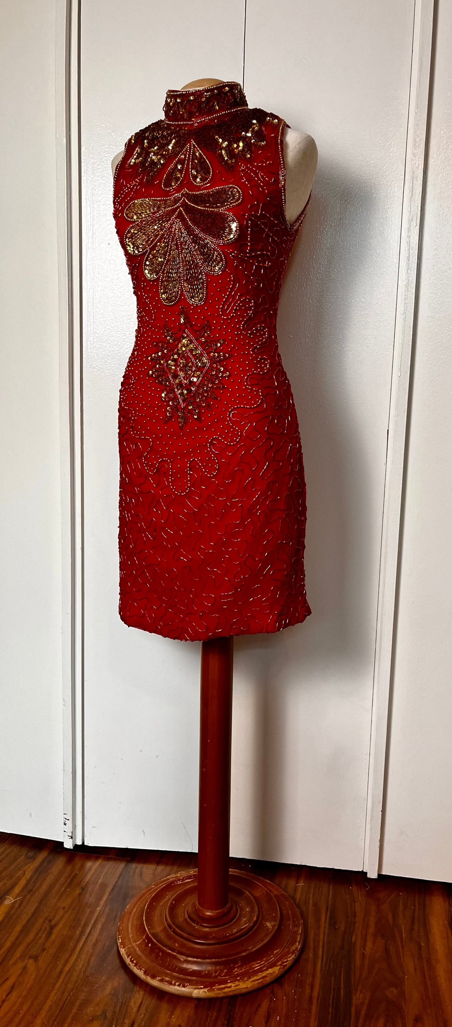 Vintage 1990's Red & Gold Sequin High Neck Mini Dress