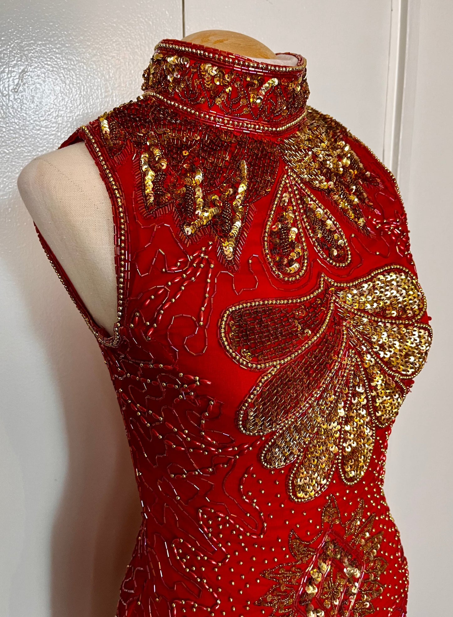 Vintage 1990's Red & Gold Sequin High Neck Mini Dress