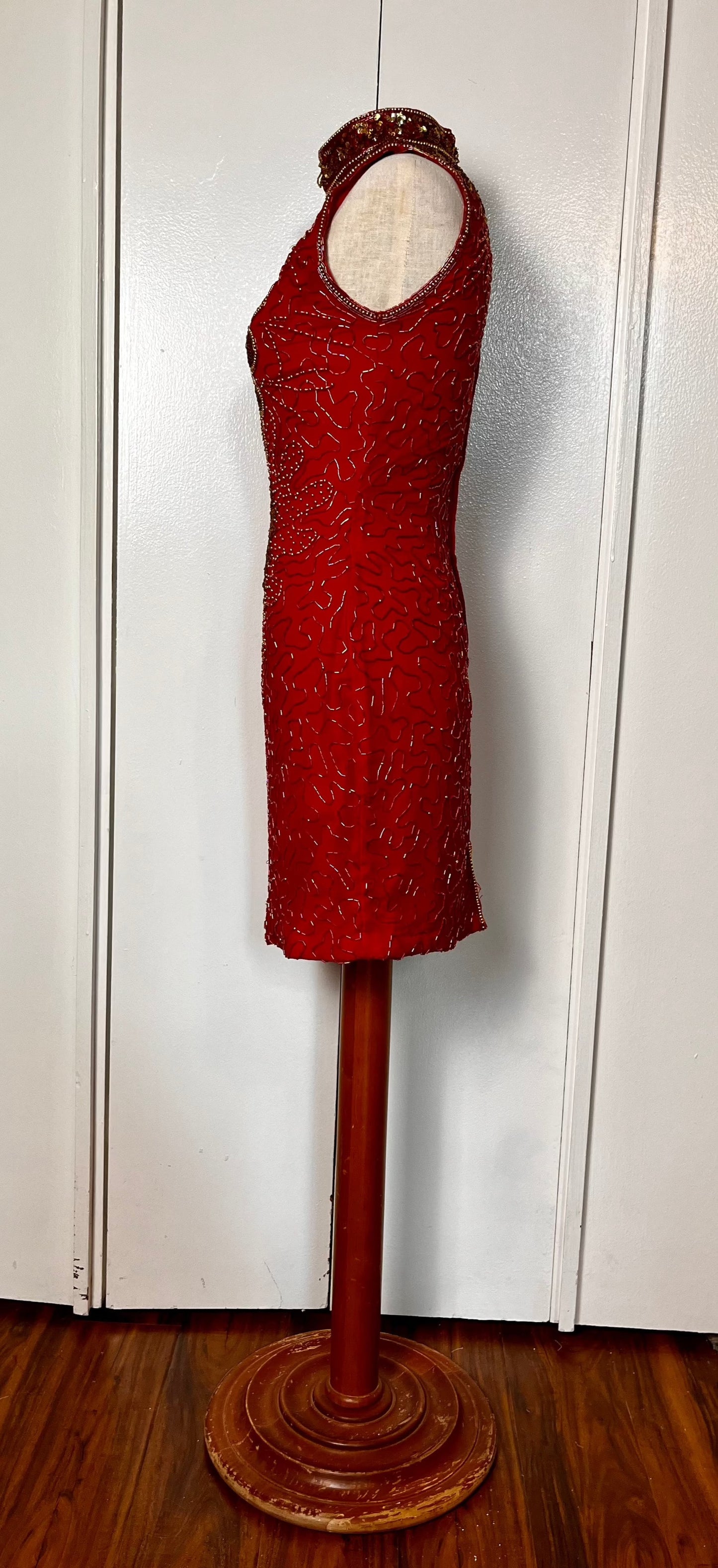 Vintage 1990's Red & Gold Sequin High Neck Mini Dress