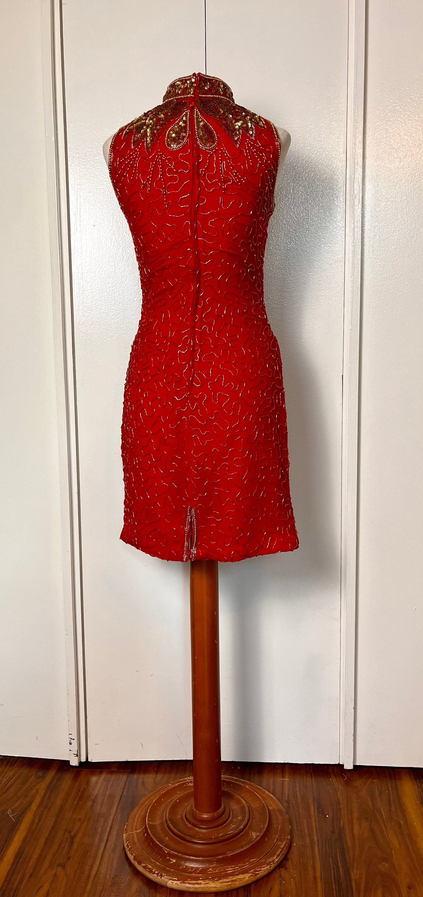 Vintage 1990's Red & Gold Sequin High Neck Mini Dress