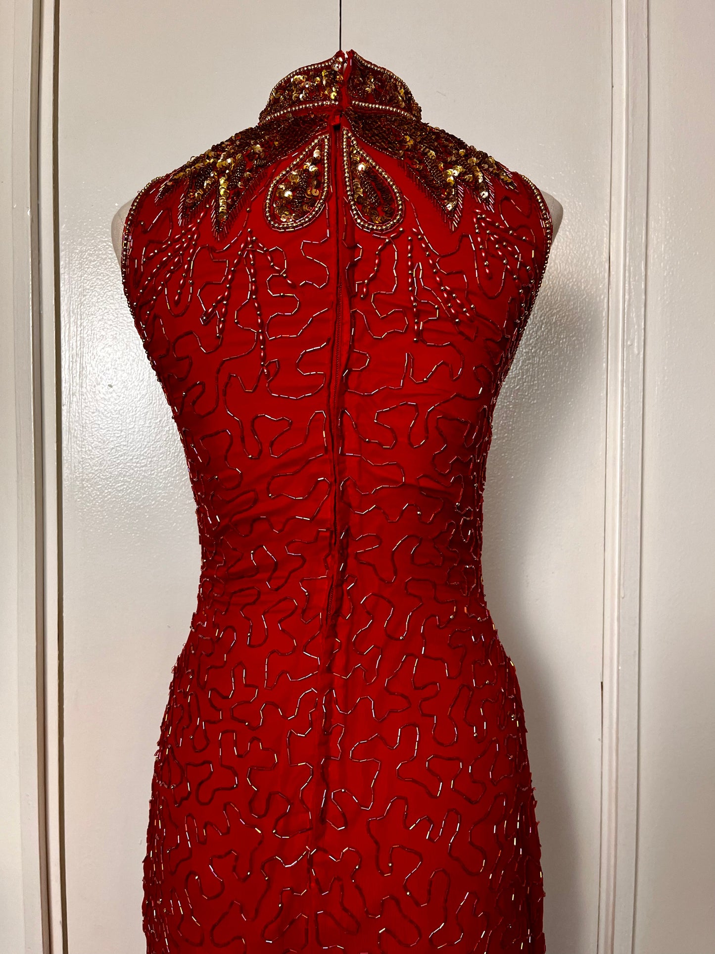Vintage 1990's Red & Gold Sequin High Neck Mini Dress