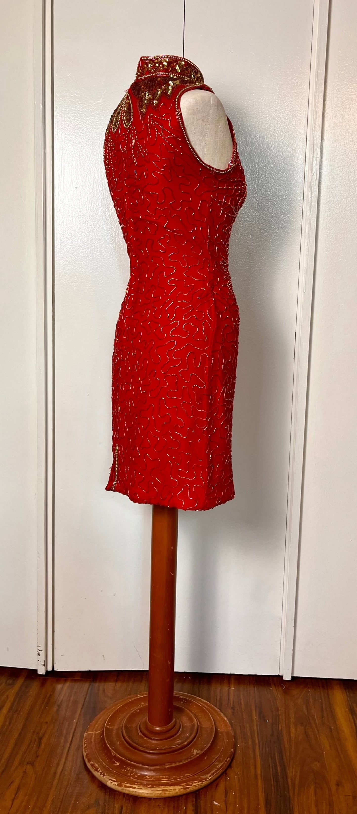 Vintage 1990's Red & Gold Sequin High Neck Mini Dress