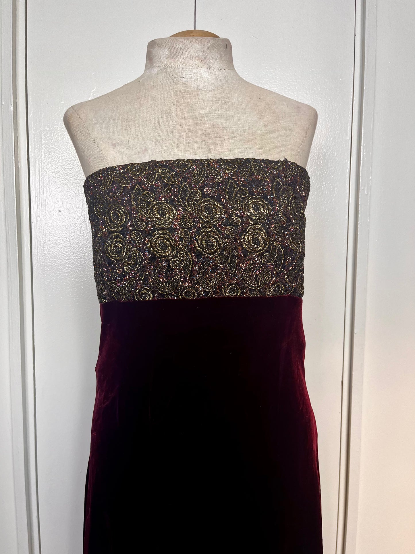 Vintage 1990's "Tom Barra" Burgundy & Gold Shimmer Strapless Maxi Dress