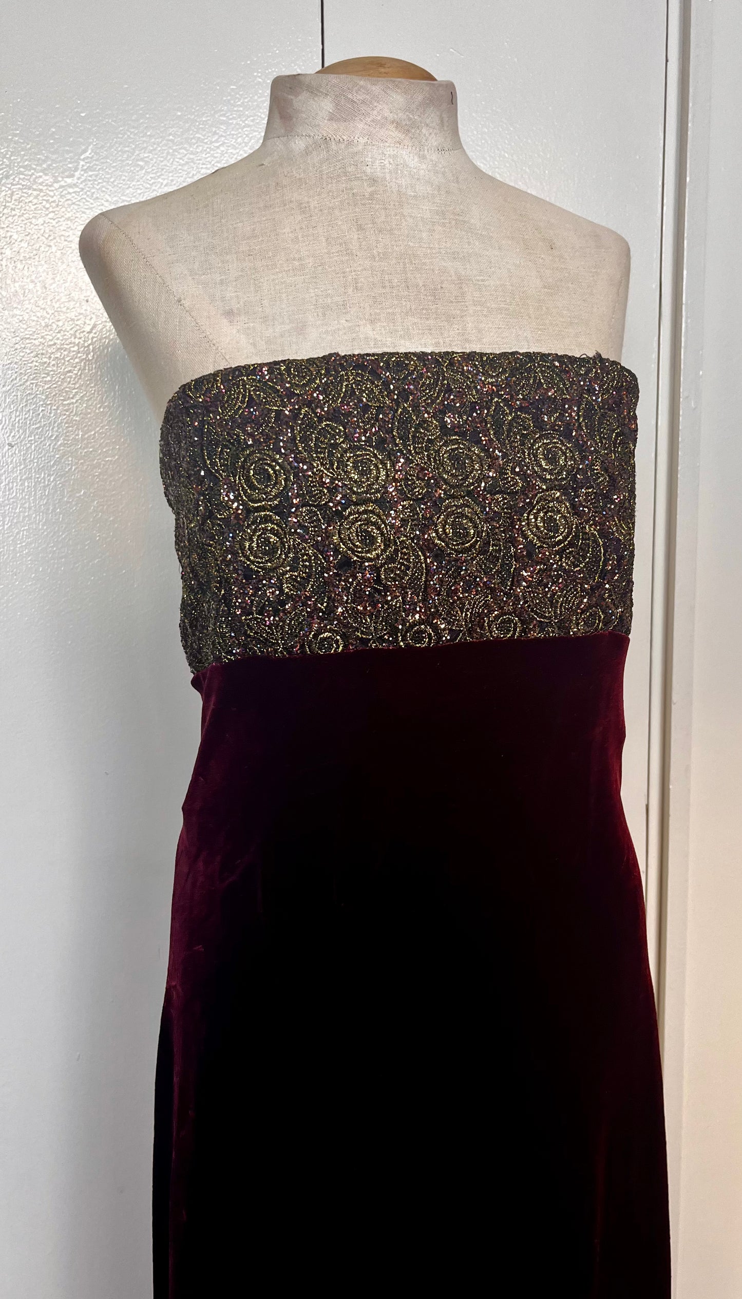 Vintage 1990's "Tom Barra" Burgundy & Gold Shimmer Strapless Maxi Dress