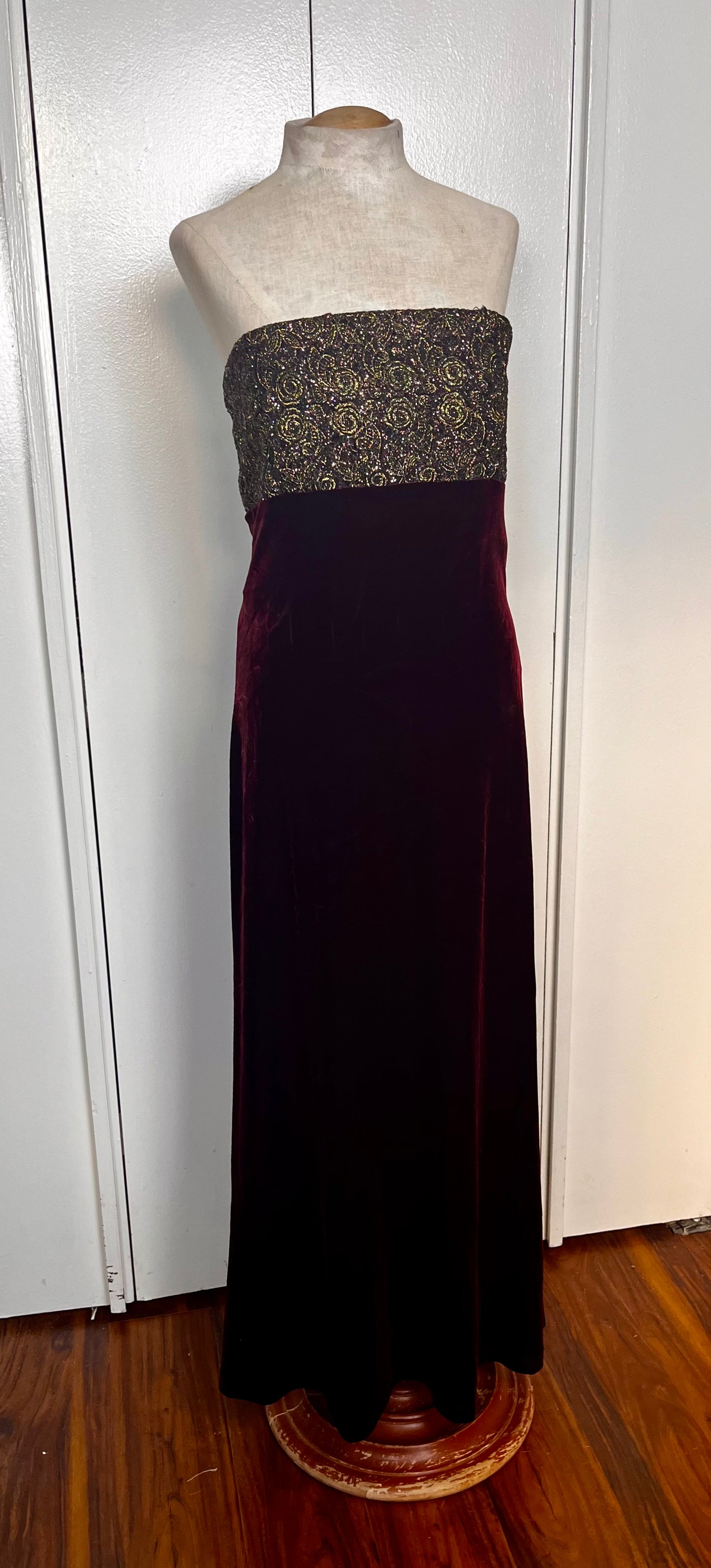 Vintage 1990's "Tom Barra" Burgundy & Gold Shimmer Strapless Maxi Dress