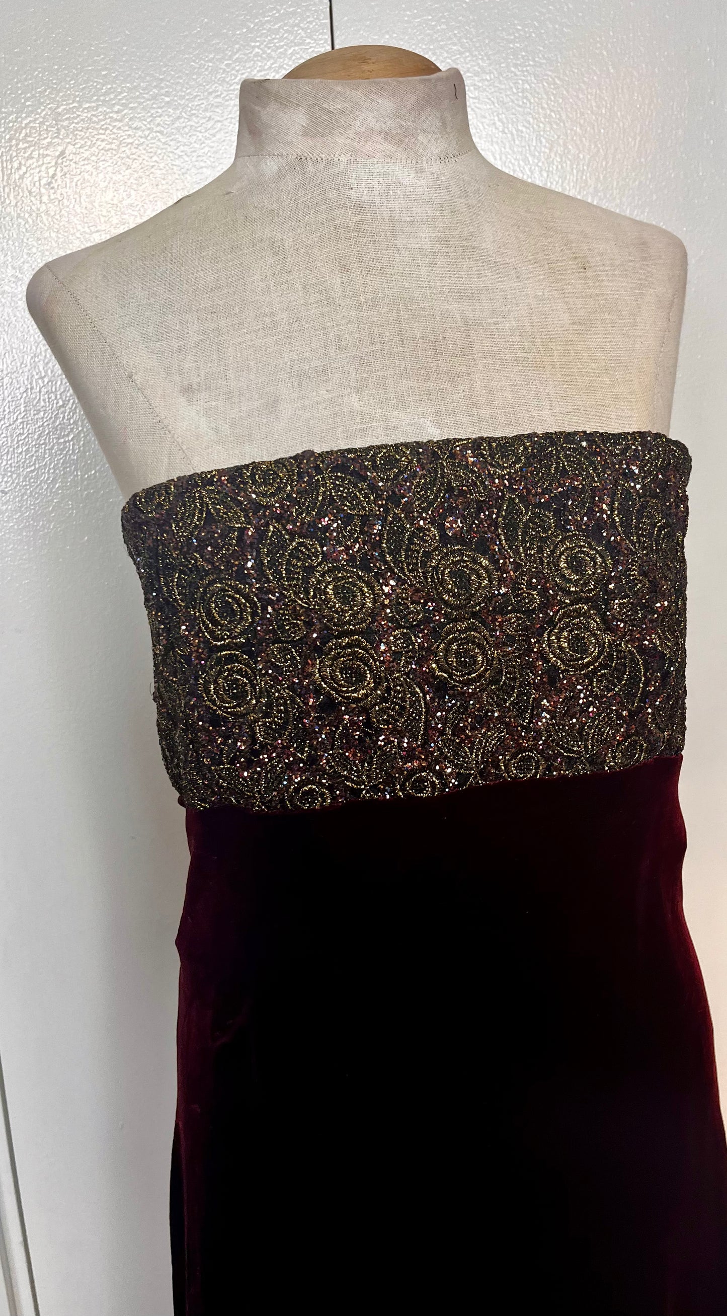 Vintage 1990's "Tom Barra" Burgundy & Gold Shimmer Strapless Maxi Dress