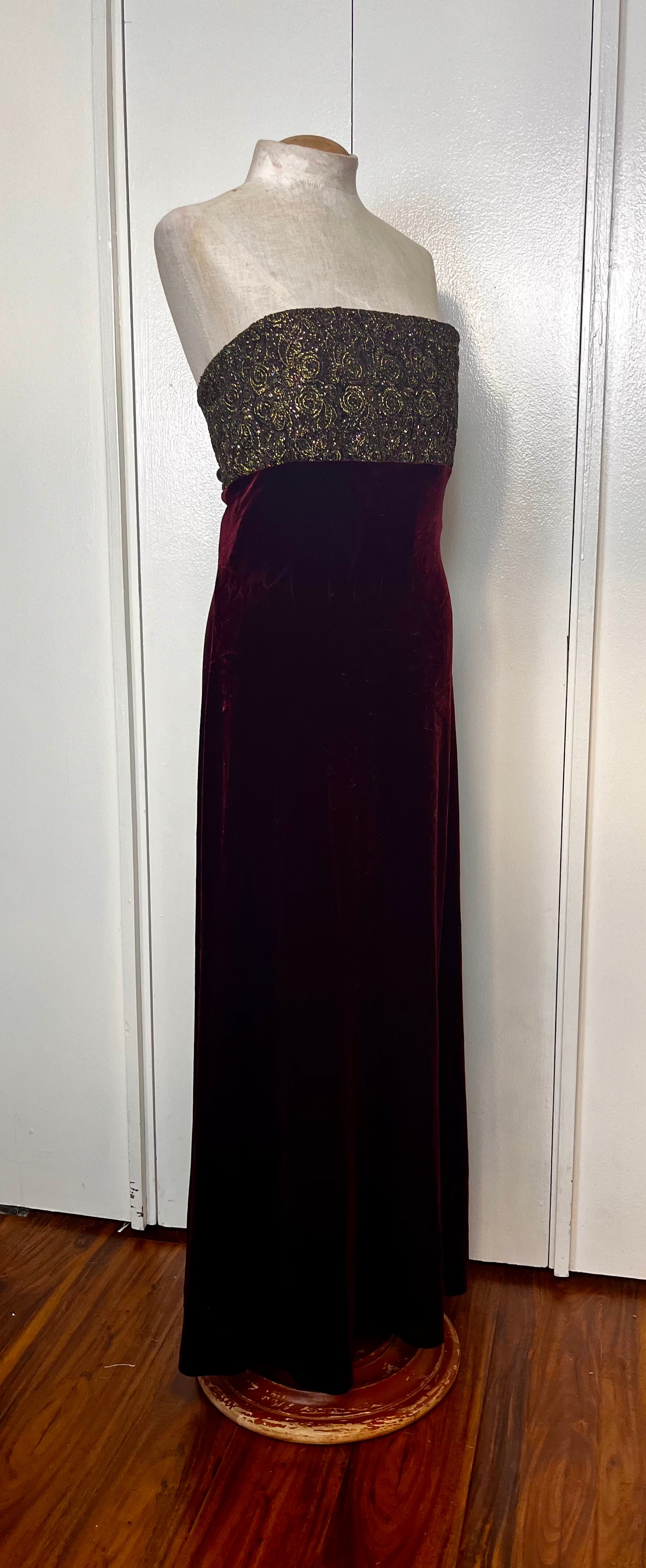 Vintage 1990's "Tom Barra" Burgundy & Gold Shimmer Strapless Maxi Dress
