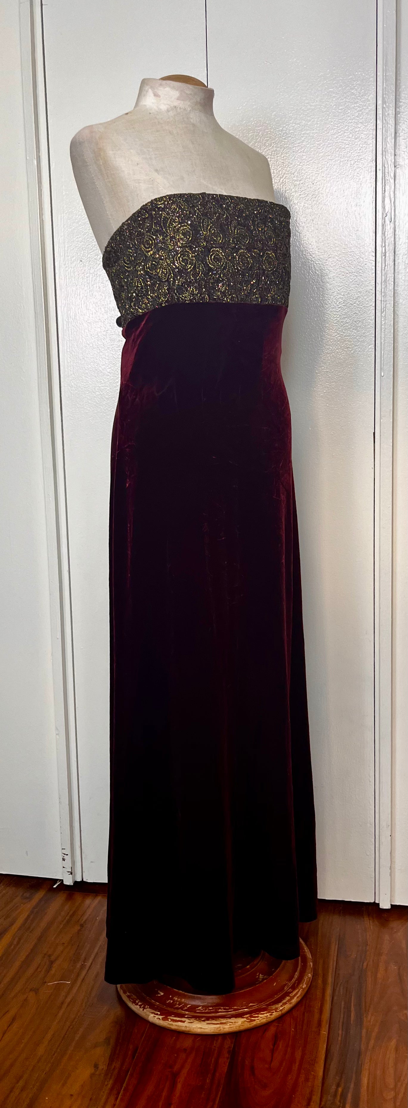 Vintage 1990's "Tom Barra" Burgundy & Gold Shimmer Strapless Maxi Dress