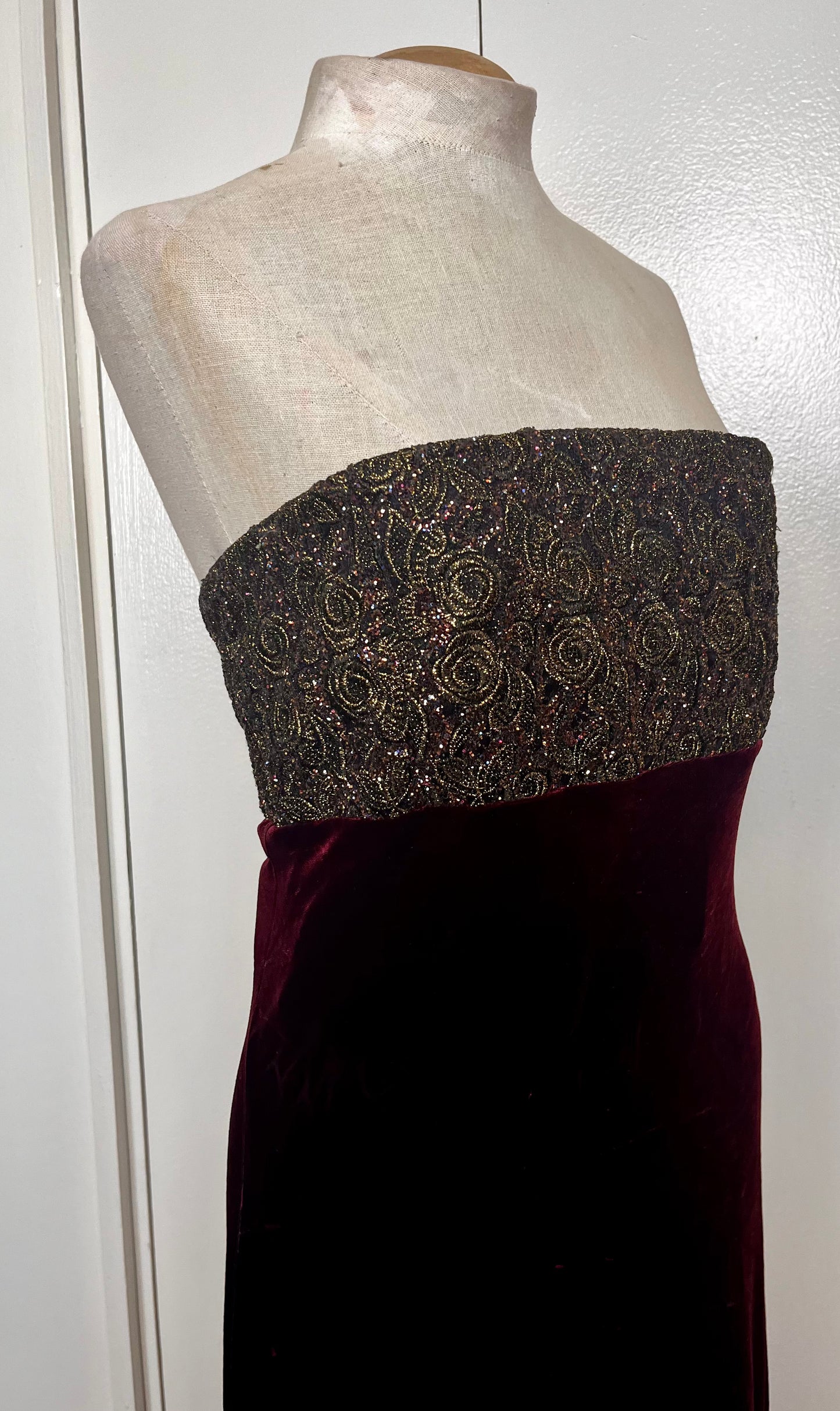 Vintage 1990's "Tom Barra" Burgundy & Gold Shimmer Strapless Maxi Dress