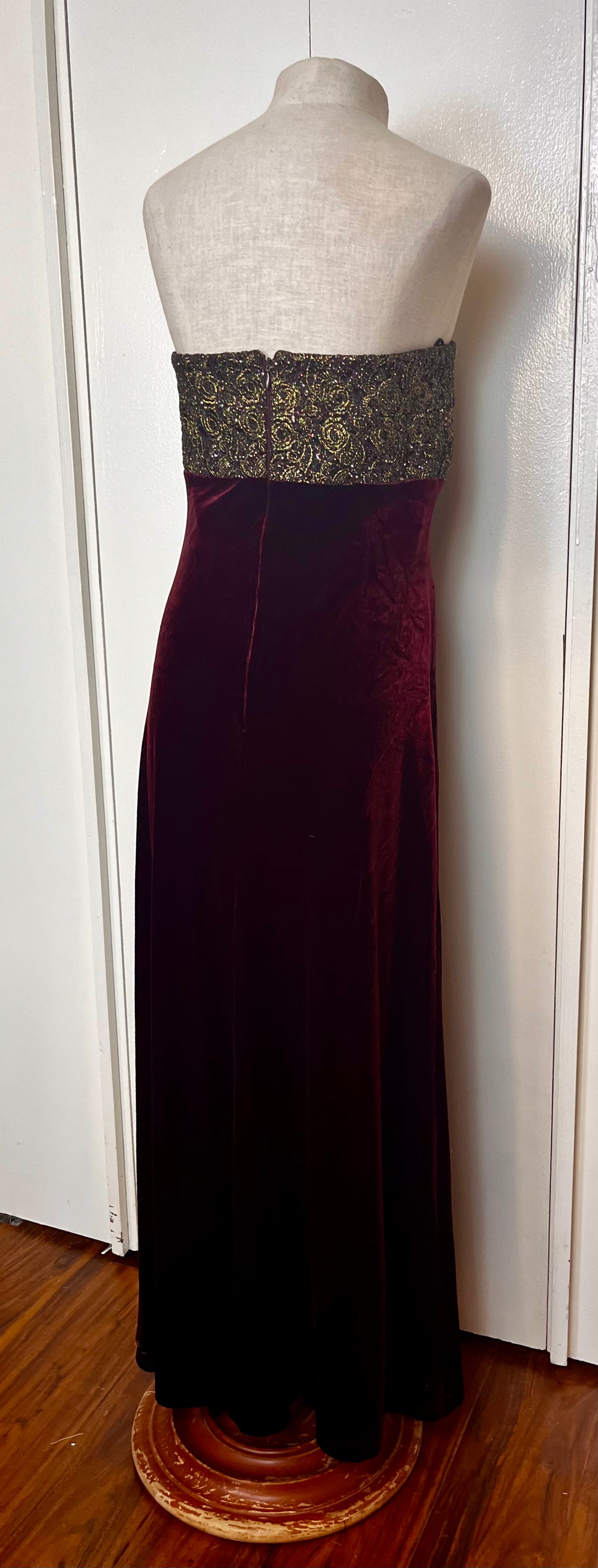 Vintage 1990's "Tom Barra" Burgundy & Gold Shimmer Strapless Maxi Dress