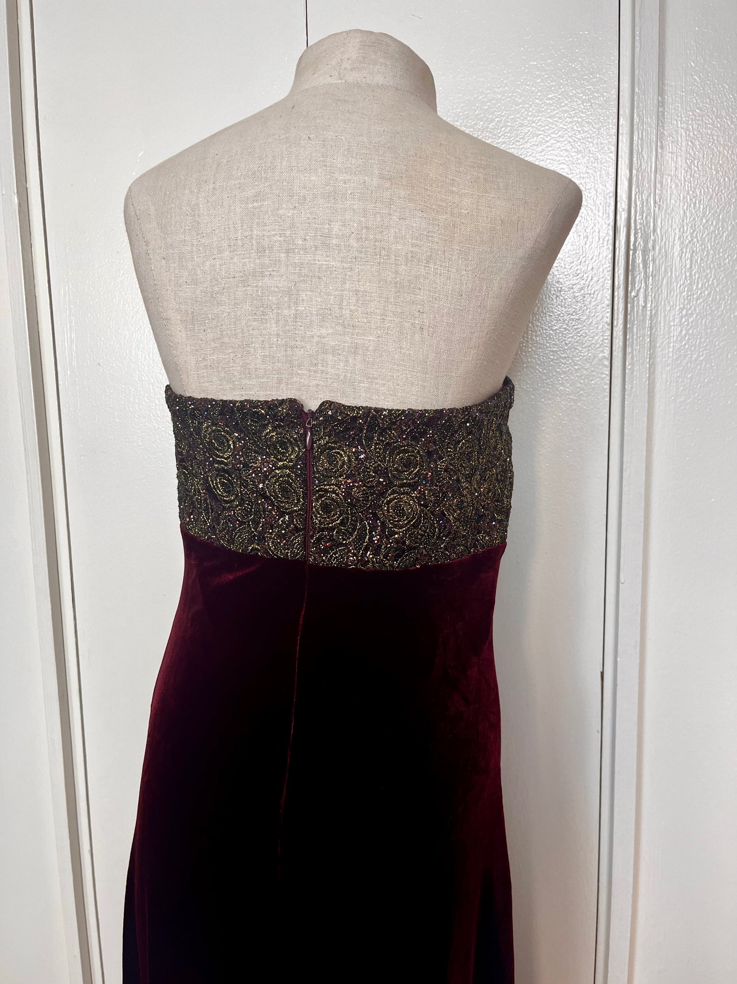 Vintage 1990's "Tom Barra" Burgundy & Gold Shimmer Strapless Maxi Dress