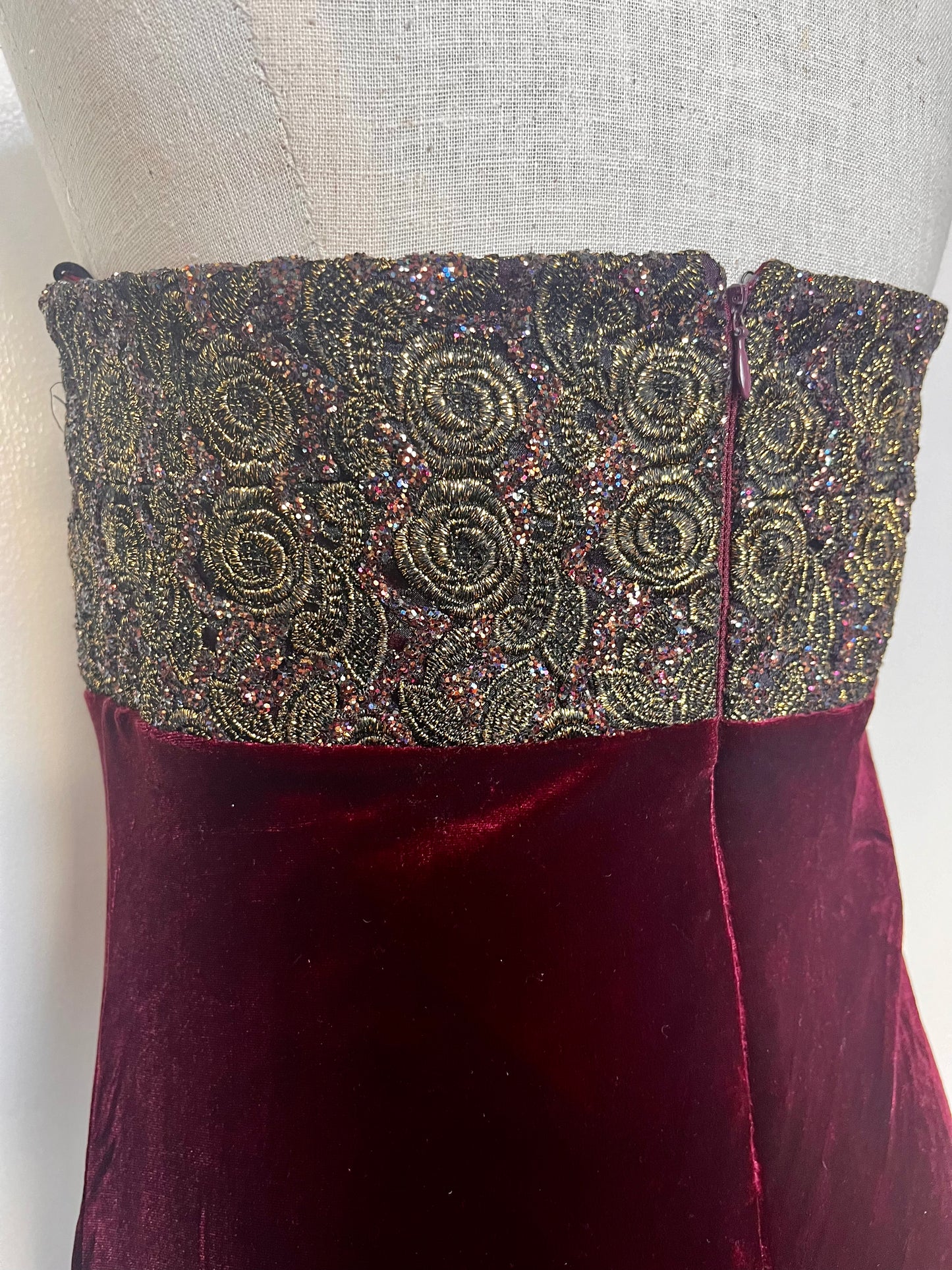 Vintage 1990's "Tom Barra" Burgundy & Gold Shimmer Strapless Maxi Dress